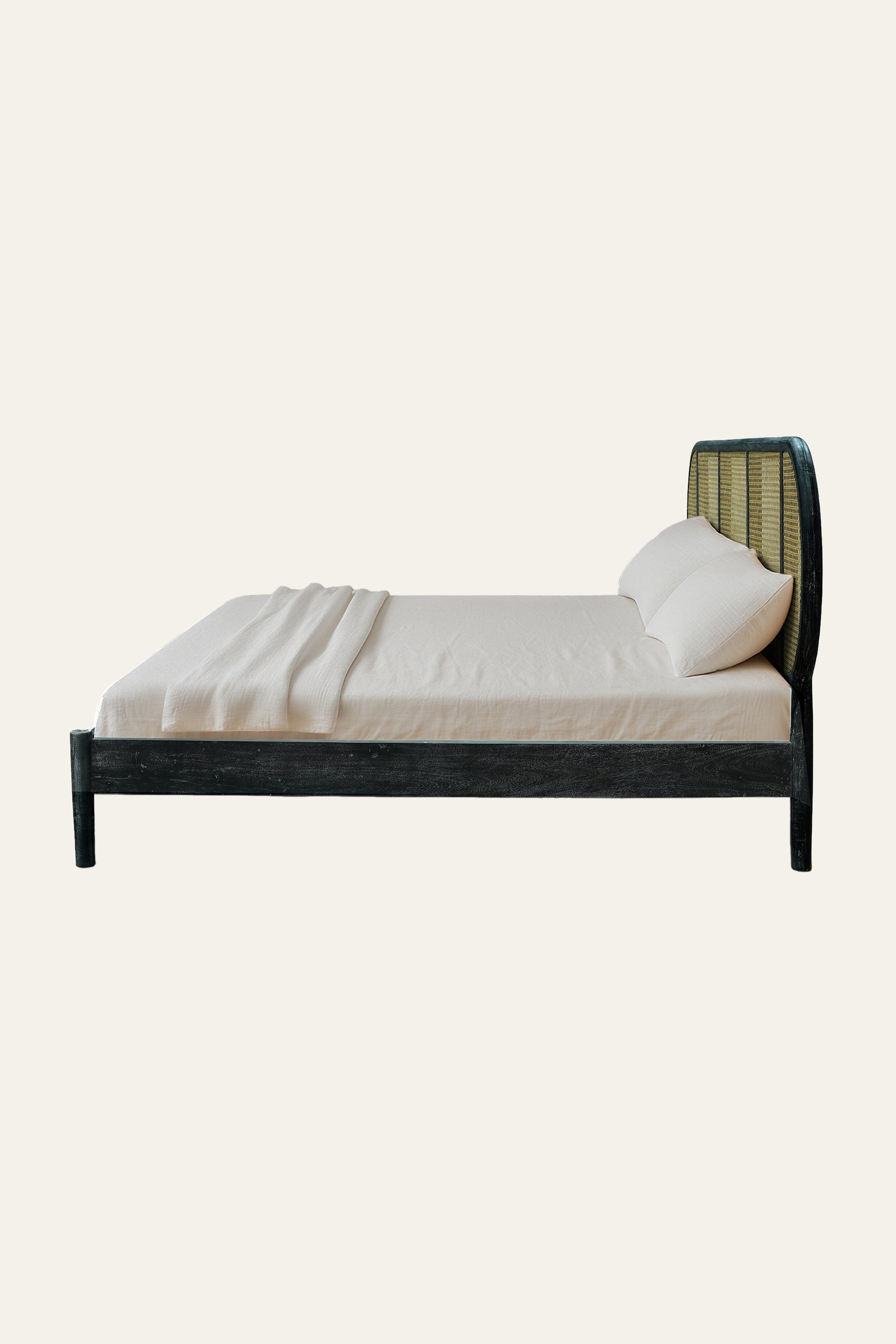 Modern Cane Panel Acacia Wood Bed in Black
