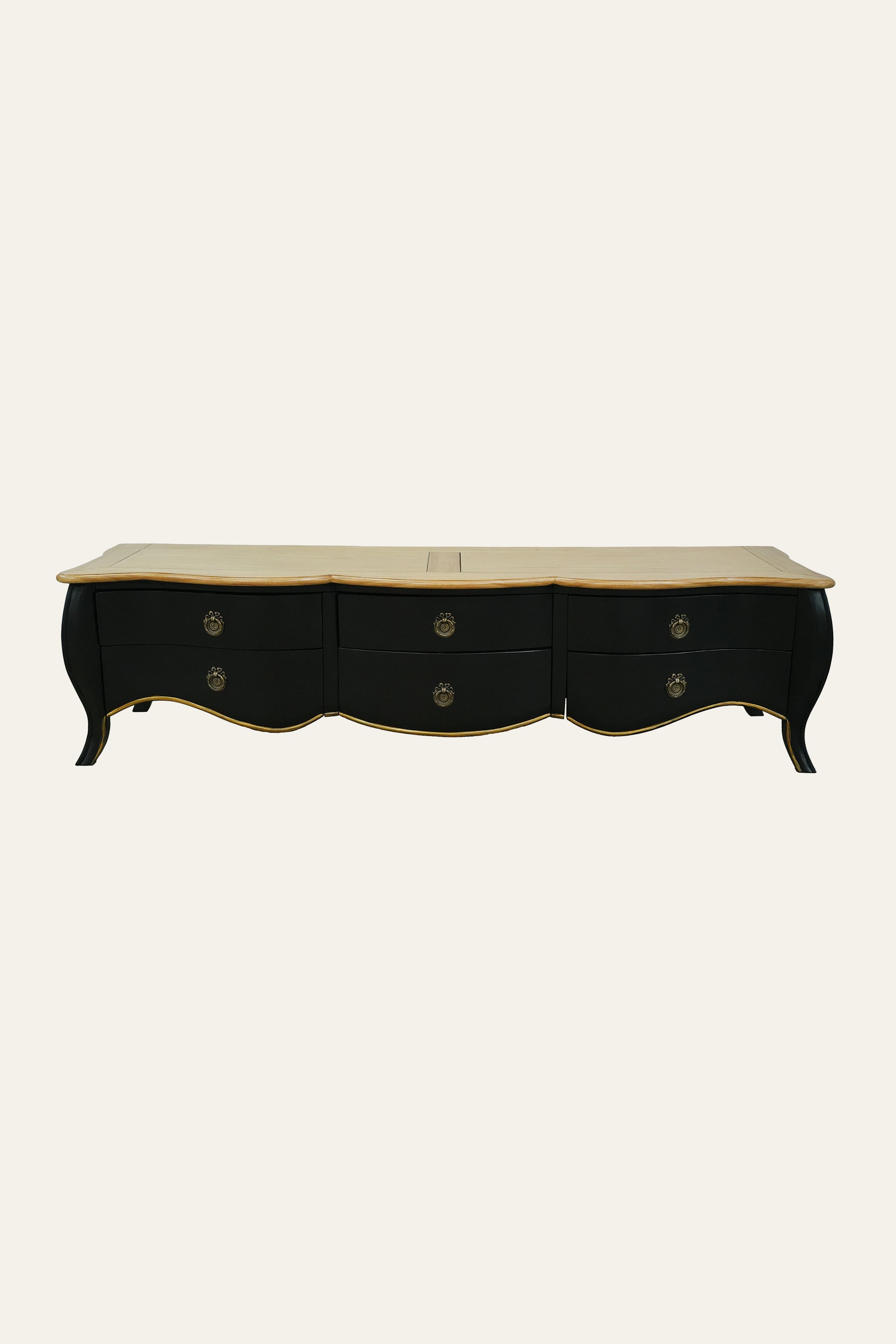 Antique Black & Gold French TV Cabinet with Storage Drawers