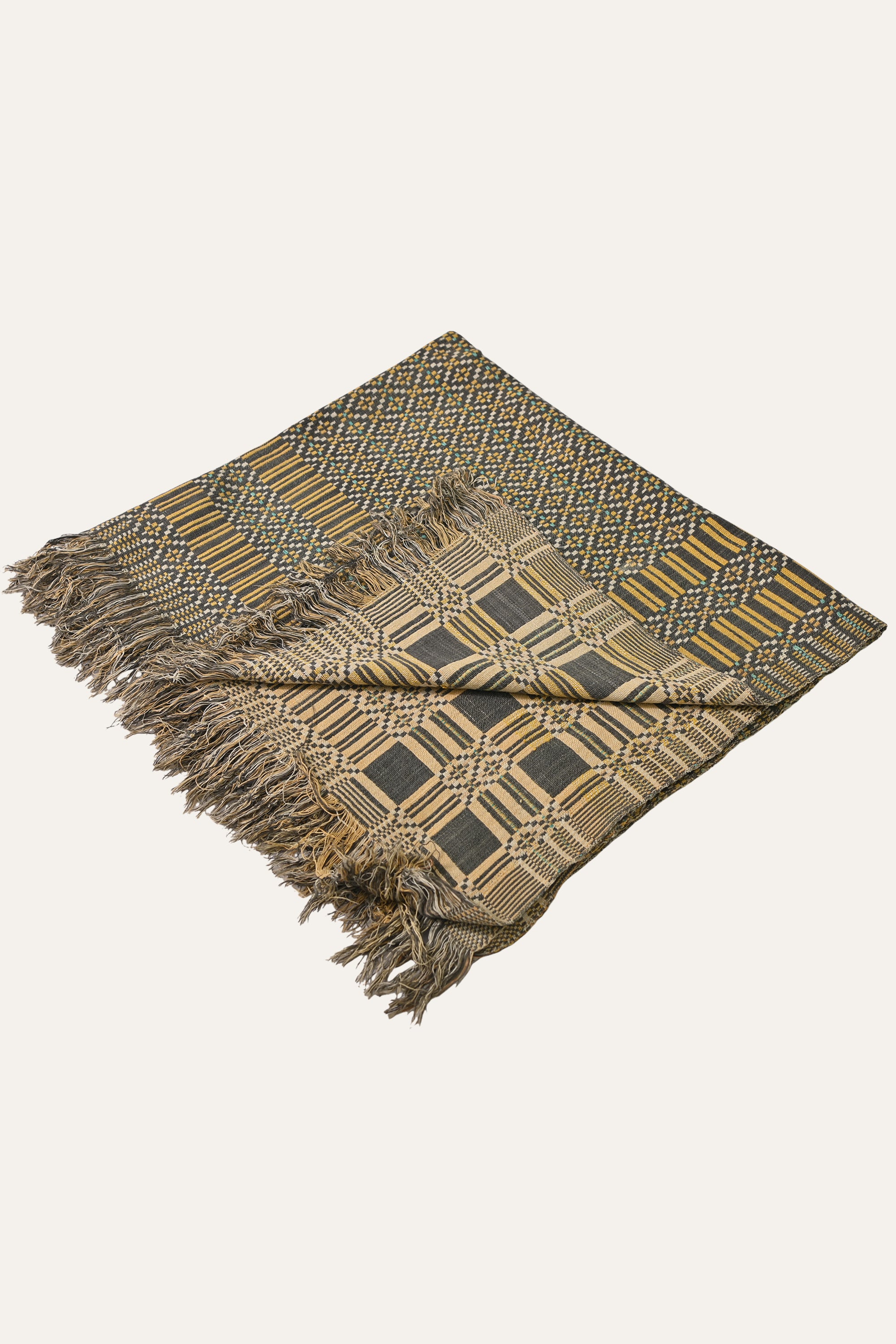 Soft Grey Reversible Khes Throw with Mustard Border & Vintage Fringe