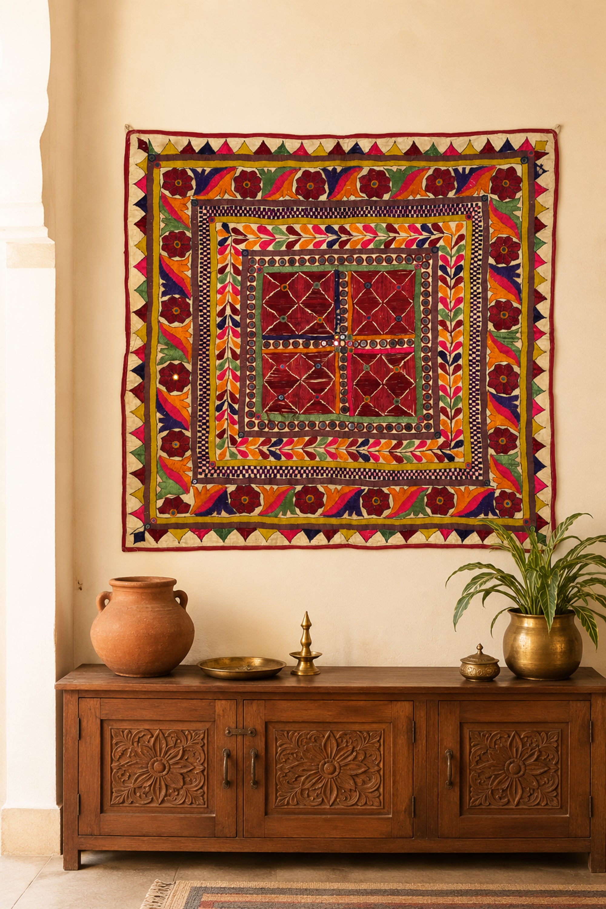 Concentric Geometric Indian Embroidery Wall Tapestry