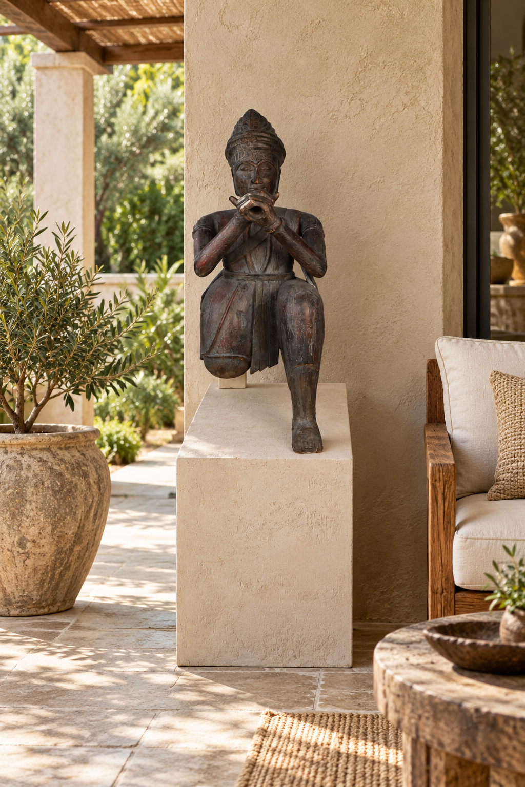 Royal Indian Flutist Figure on White Pedestal Base