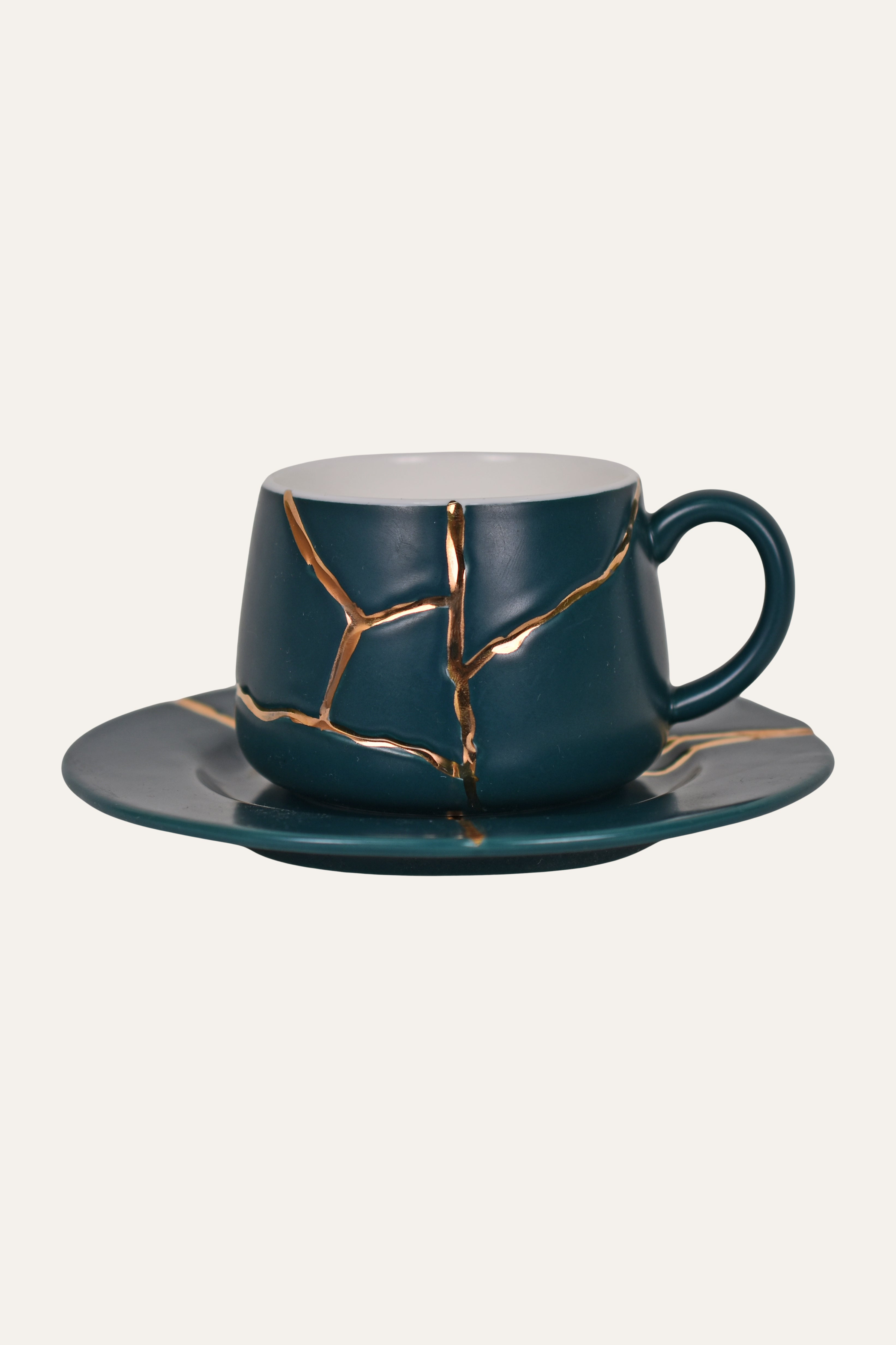 Deep Teal Hand-Painted Porcelain Cup & Saucer Set with Gold Accent – Artisan Tea & Coffee Cup