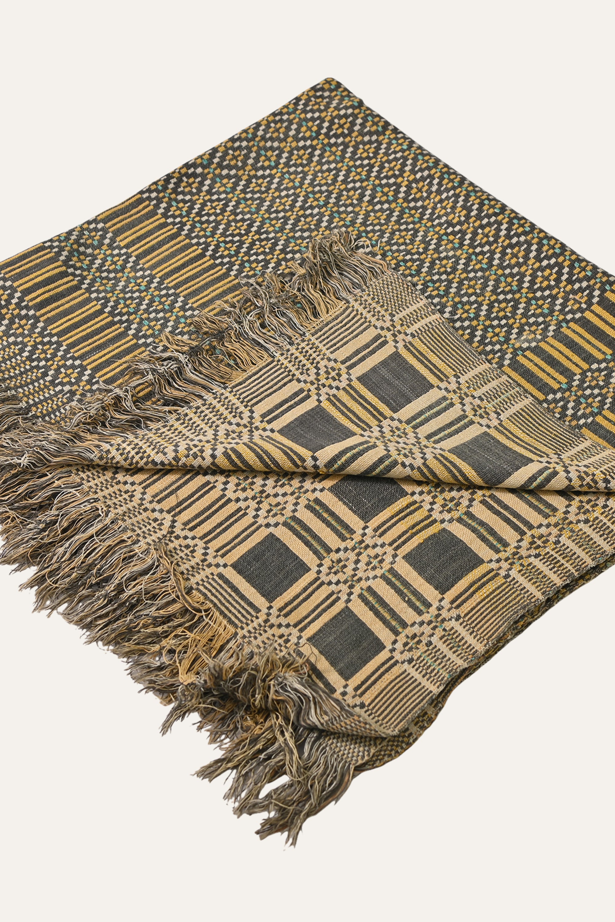 Soft Grey Reversible Khes Throw with Mustard Border & Vintage Fringe