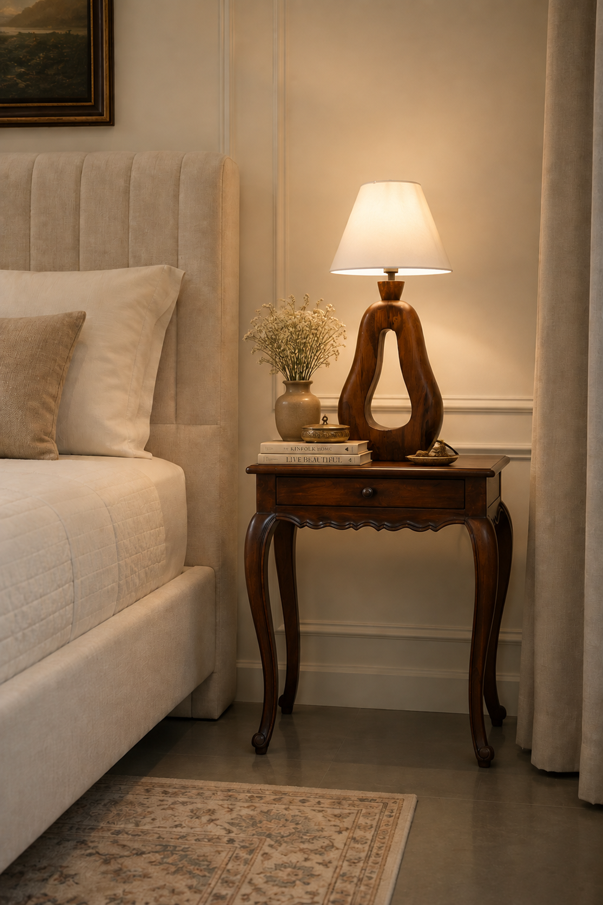 French Provincial Wooden Bedside Table with Curved Legs