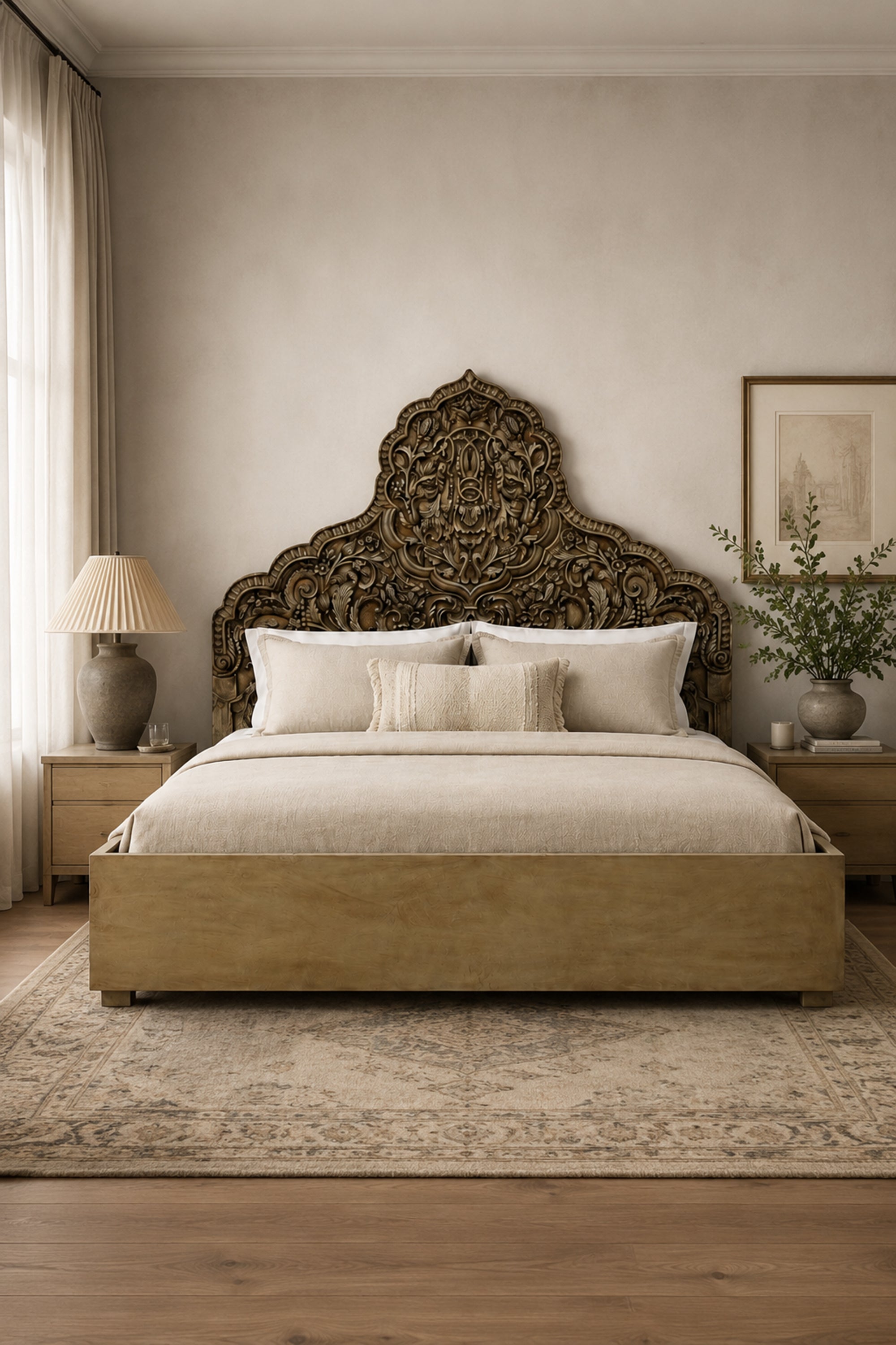 Carved Floral Motif Wooden Double Bed