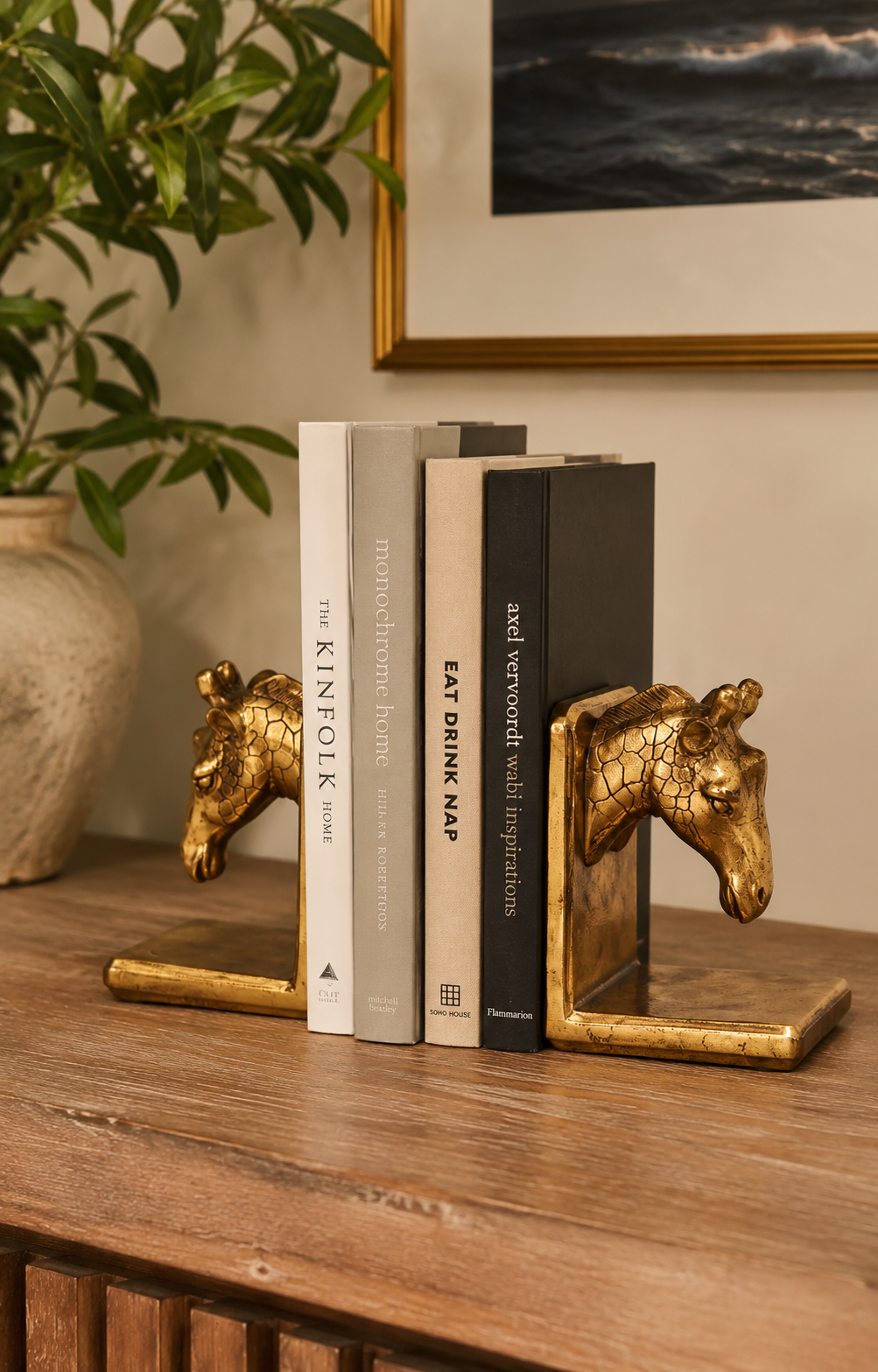 Antique Gold Resin Giraffe Bookend Set