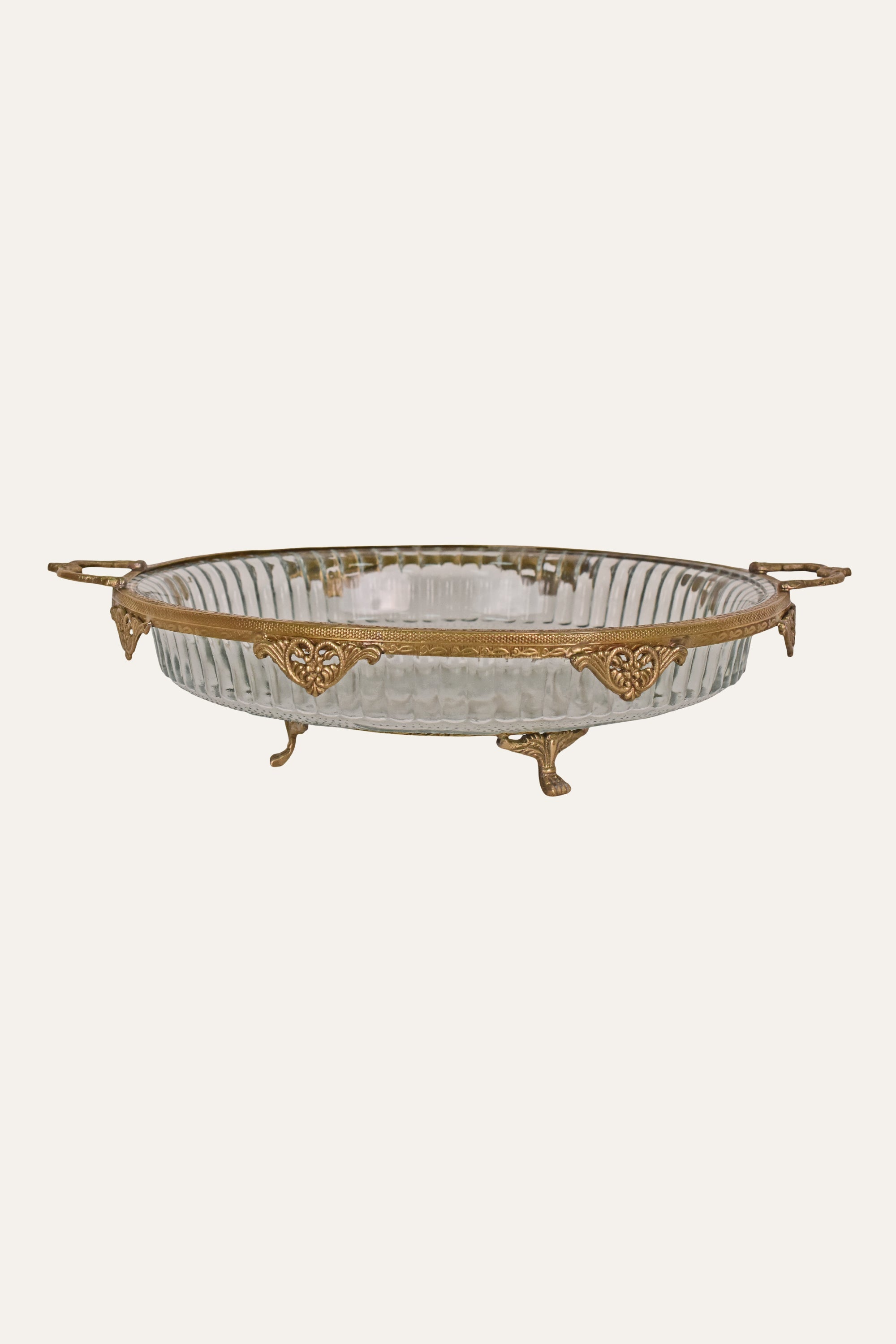 Antique Brass Ribbed Glass Oval Tray