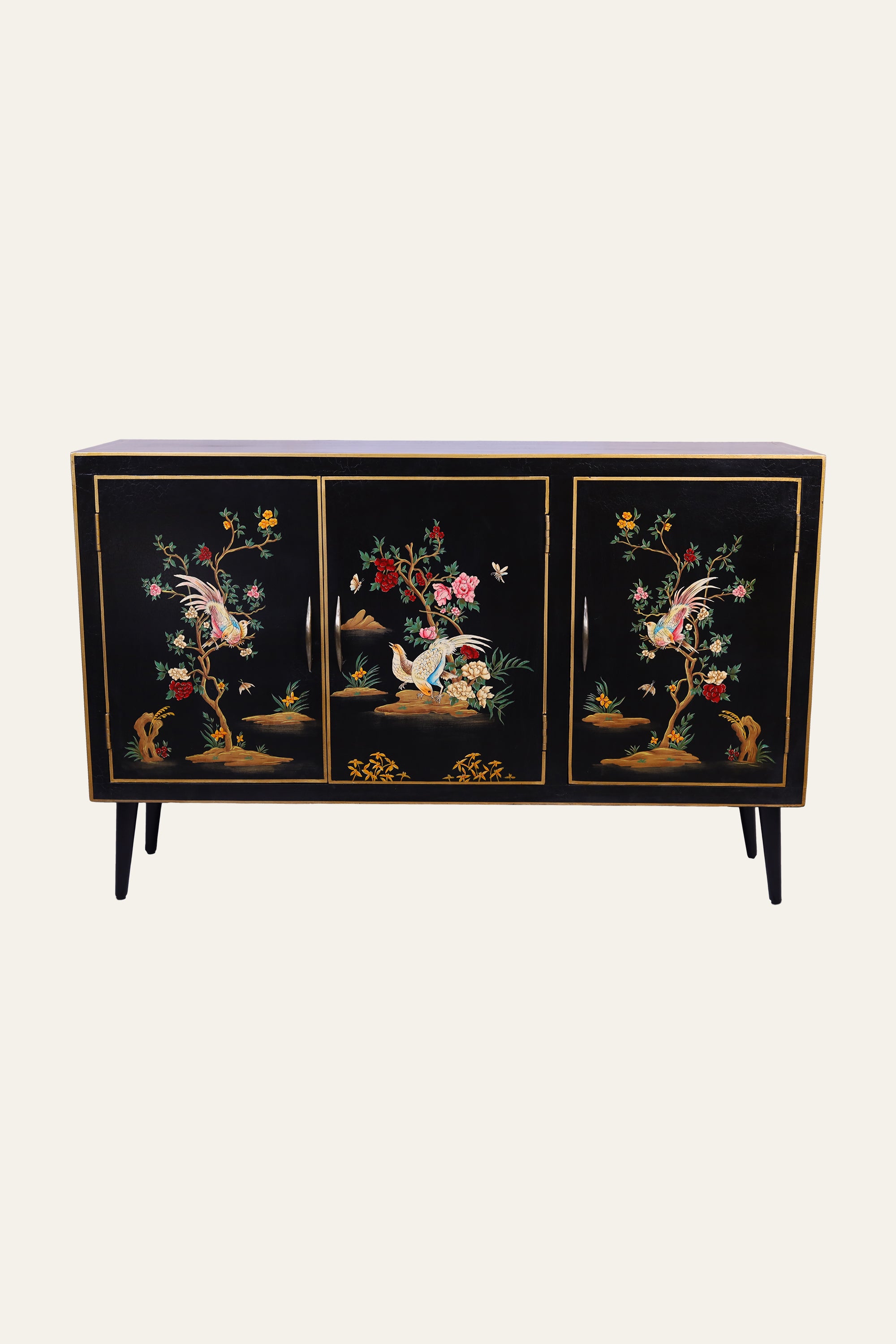 Black Chinoiserie Style Botanical & Bird Motif Cabinet