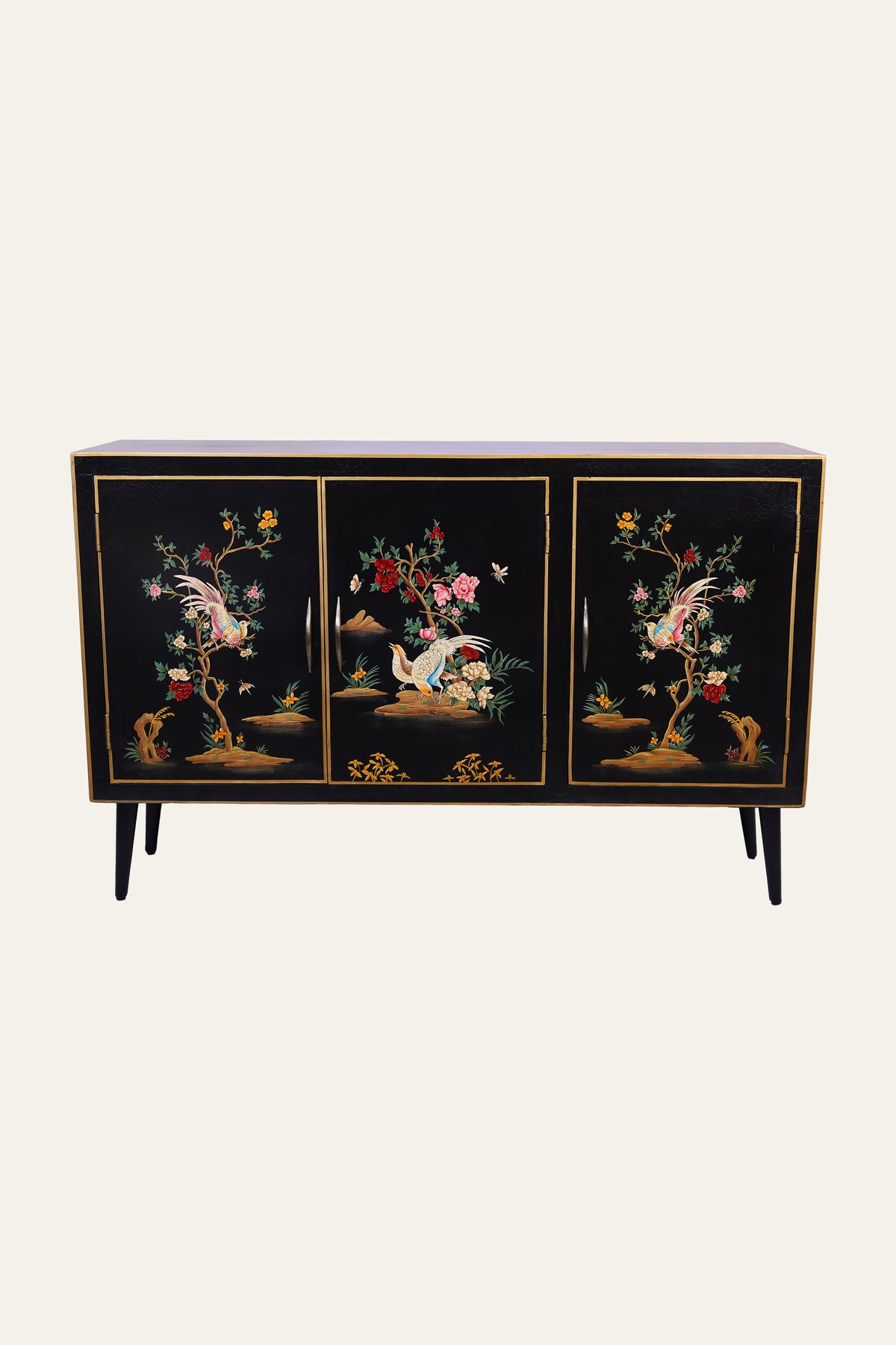 Black Chinoiserie Style Botanical & Bird Motif Cabinet