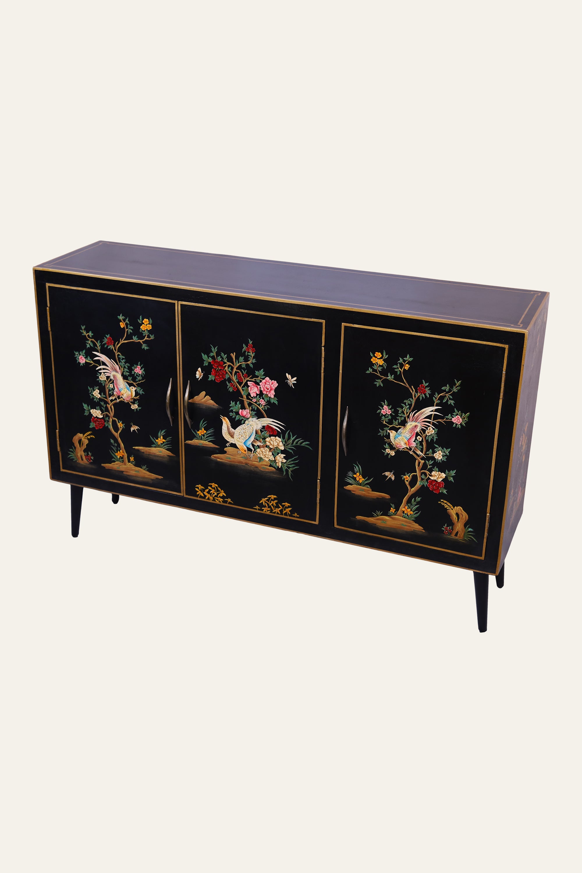 Black Chinoiserie Style Botanical & Bird Motif Cabinet