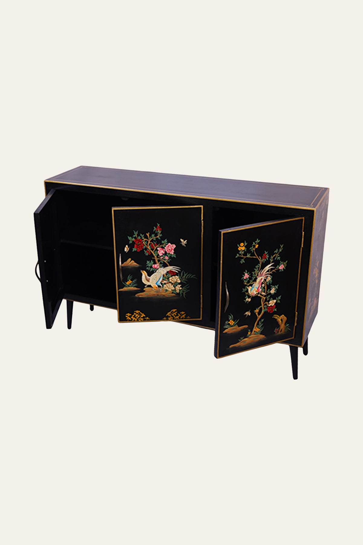 Black Chinoiserie Style Botanical & Bird Motif Cabinet