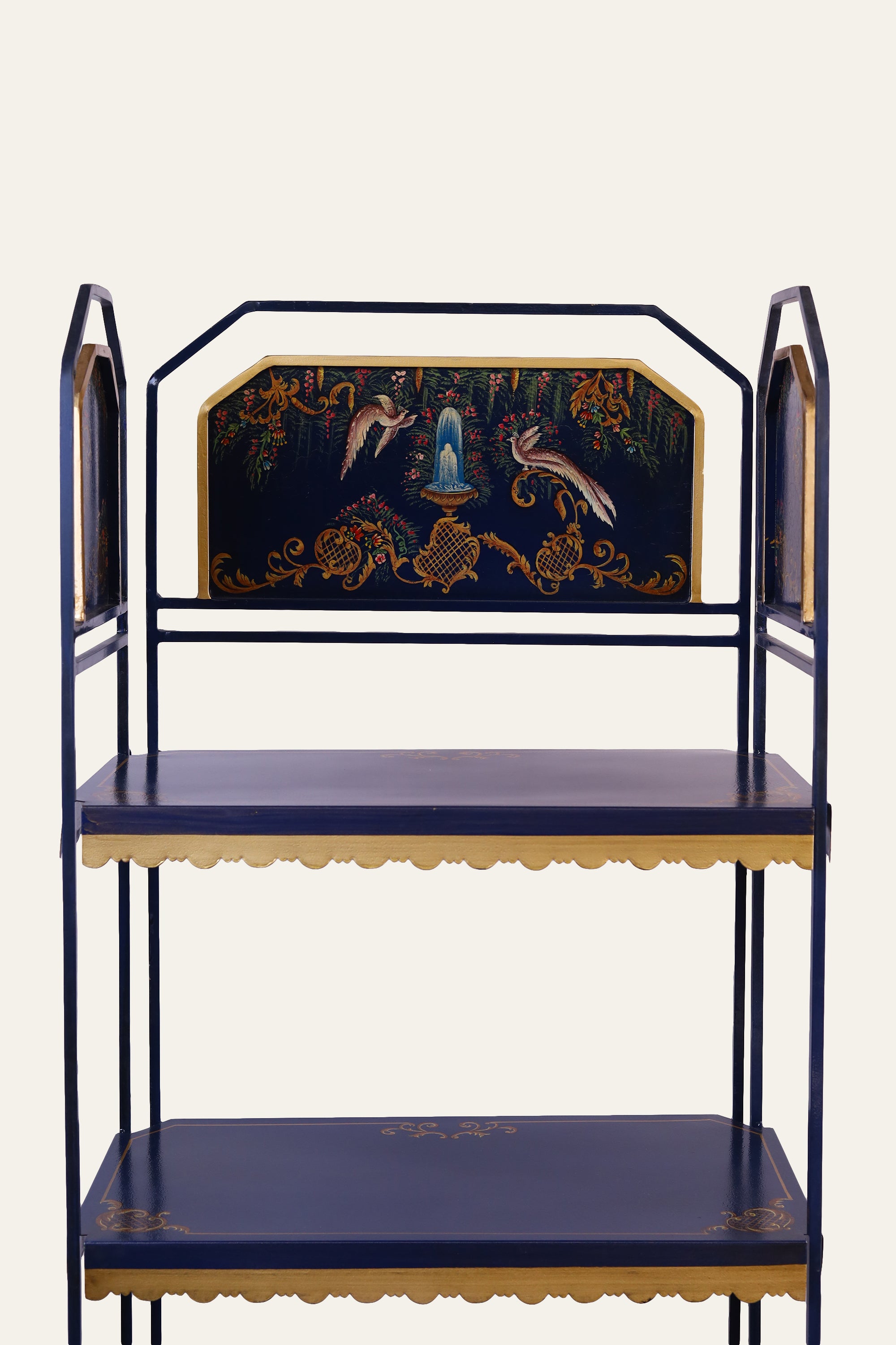 Black Metal Four-Tier Display Shelf with Hand-Painted Panels