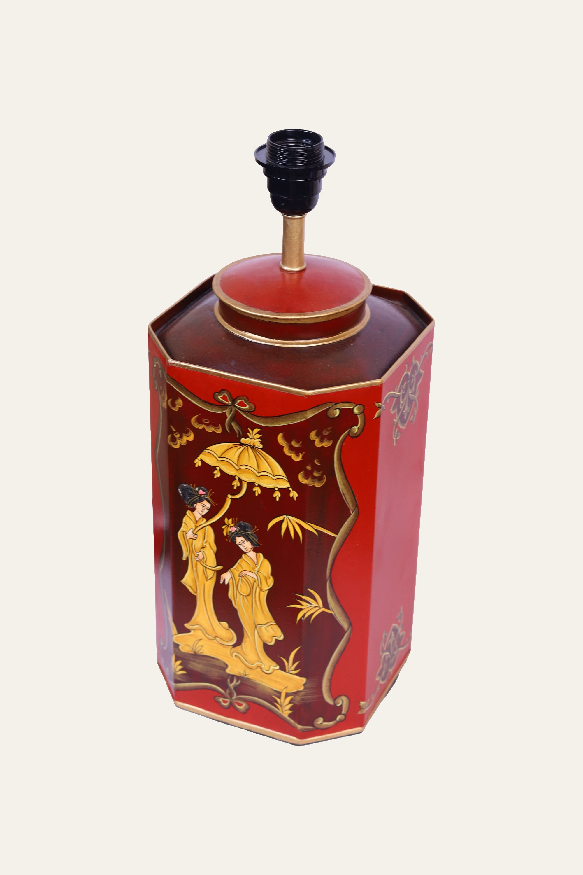 Hand-Painted Red Metal Table Lamp with Chinoiserie Figures