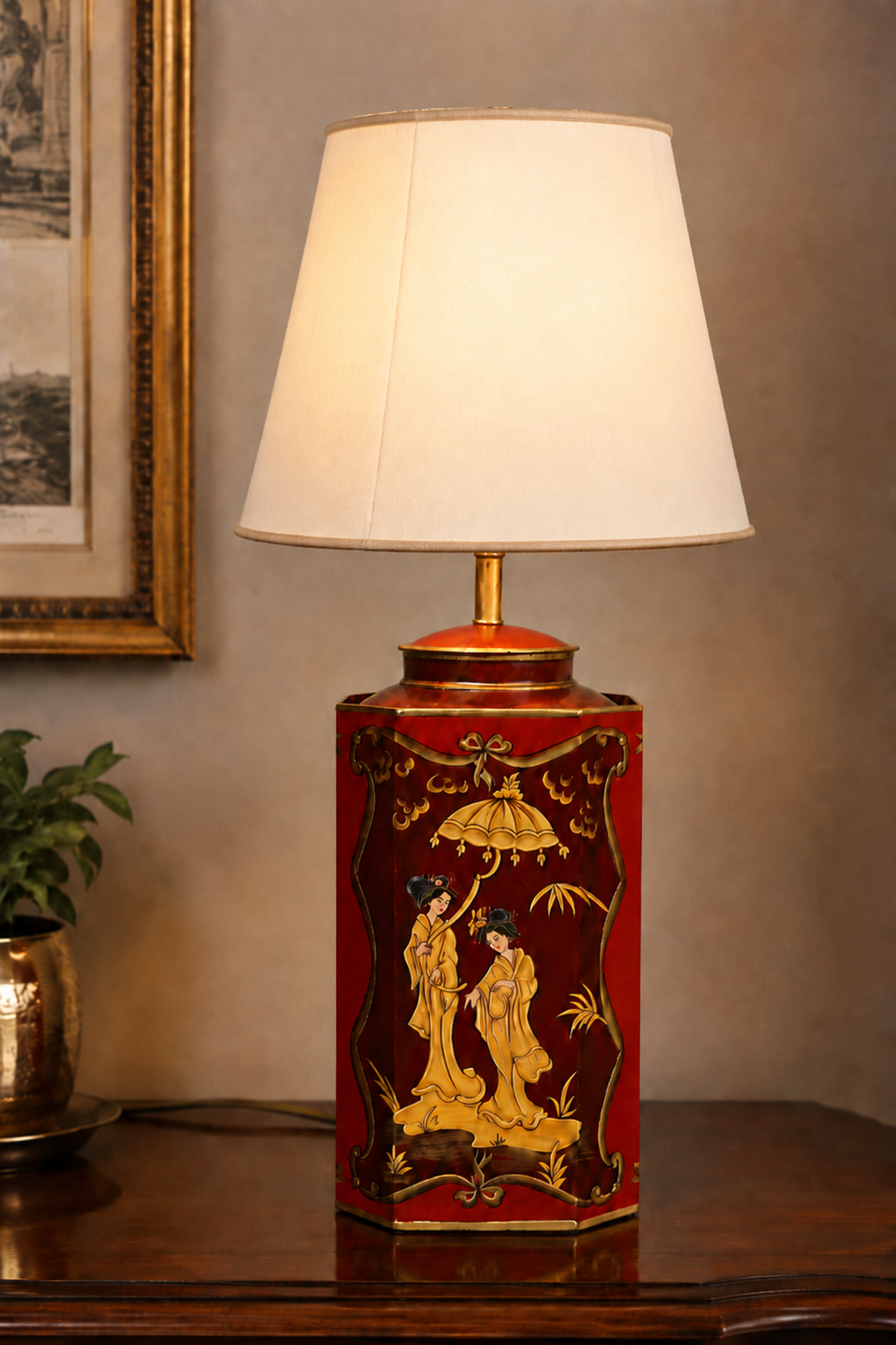 Hand-Painted Red Metal Table Lamp with Chinoiserie Figures