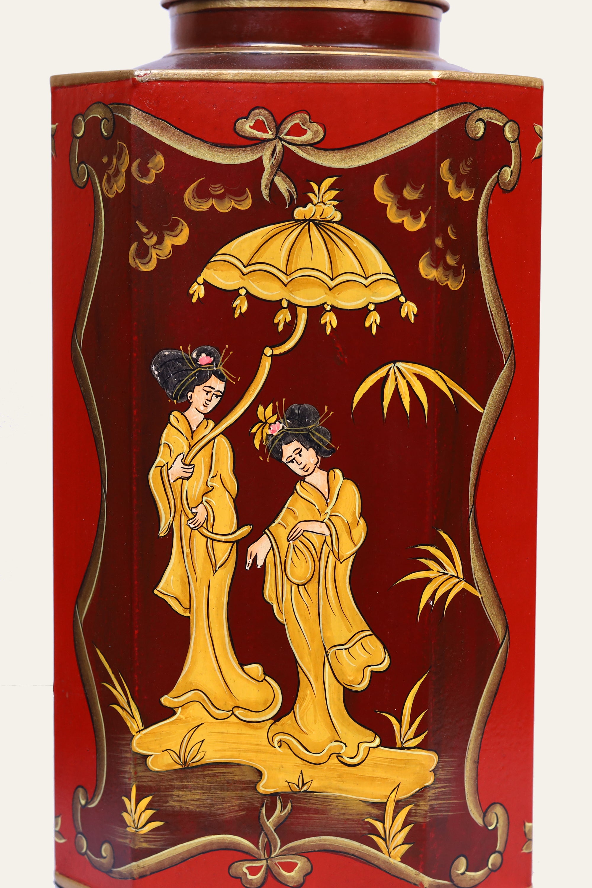 Hand-Painted Red Metal Table Lamp with Chinoiserie Figures
