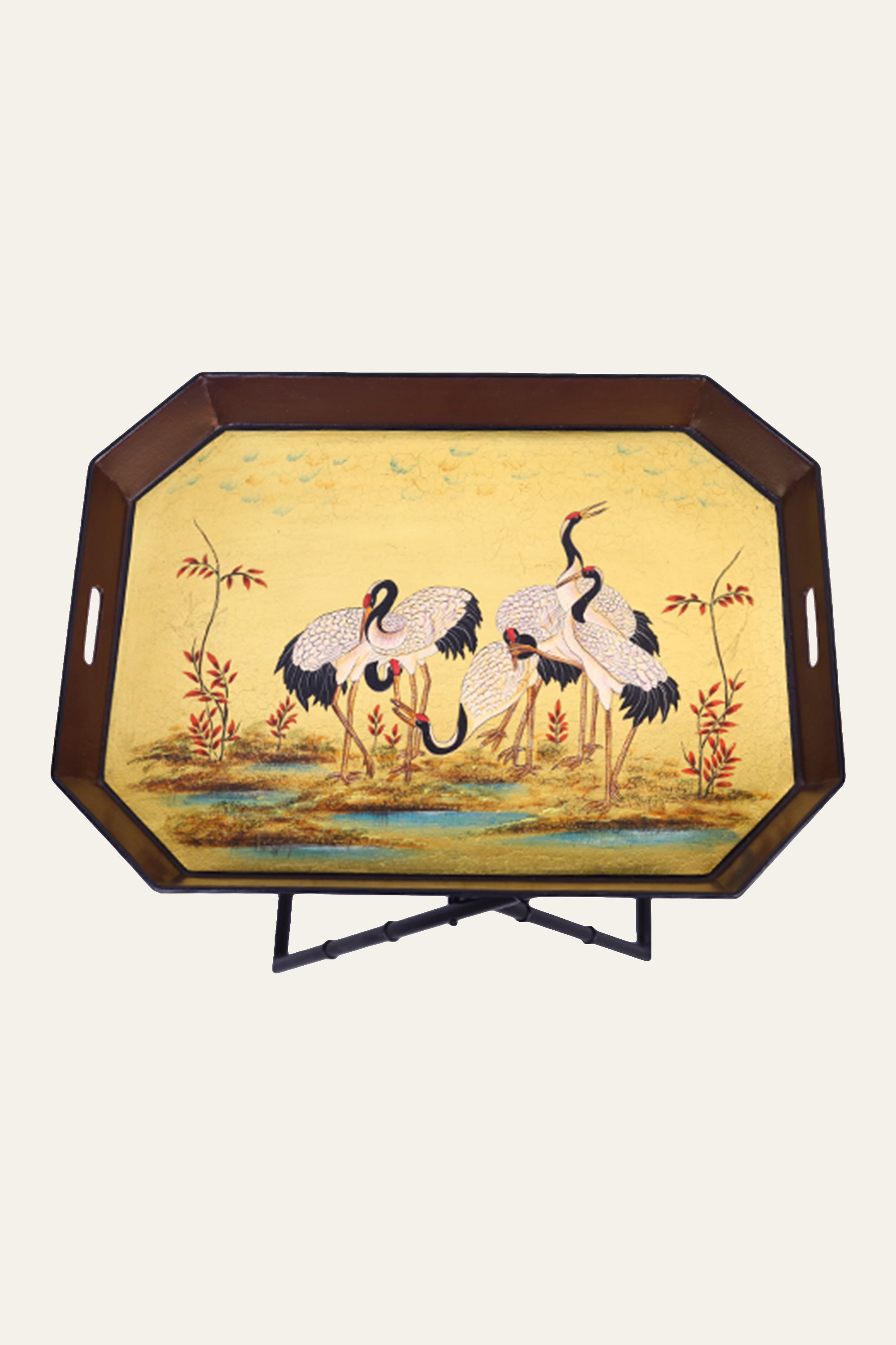 Octagonal Swan Motif Butler's Tray with Folding Base