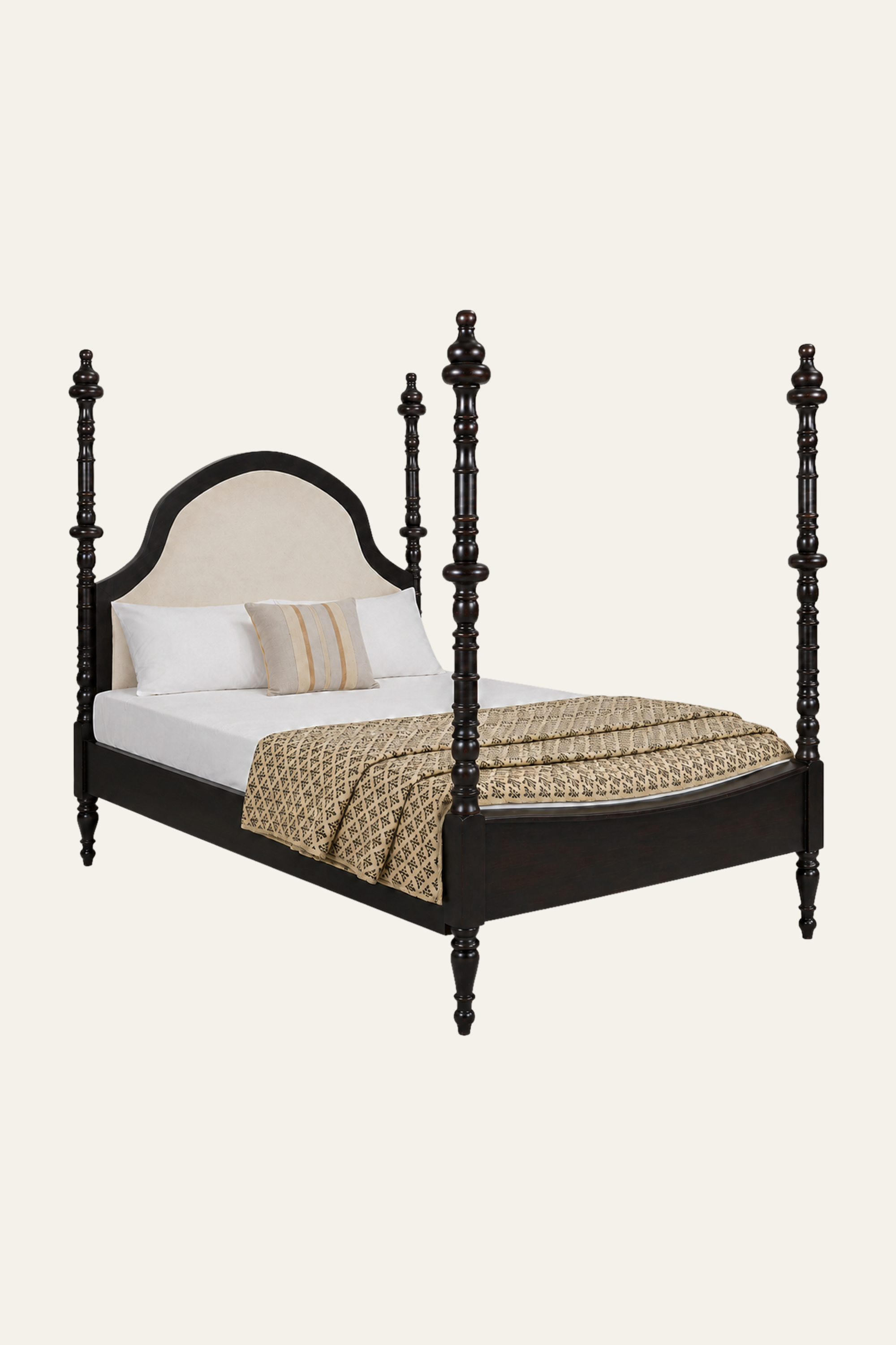 Black Four-Poster Bed with Upholstered Headboard