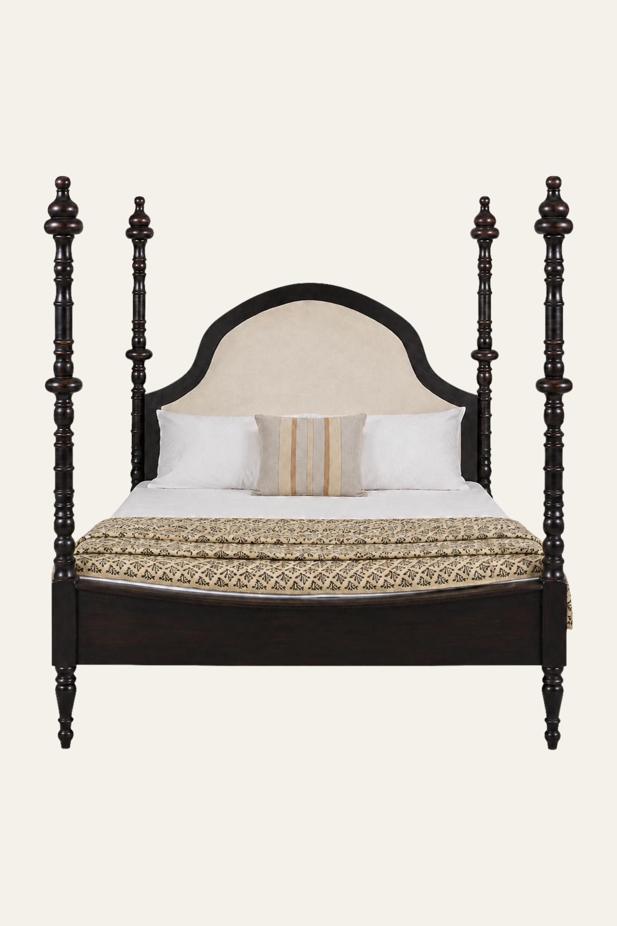 Black Four-Poster Bed with Upholstered Headboard
