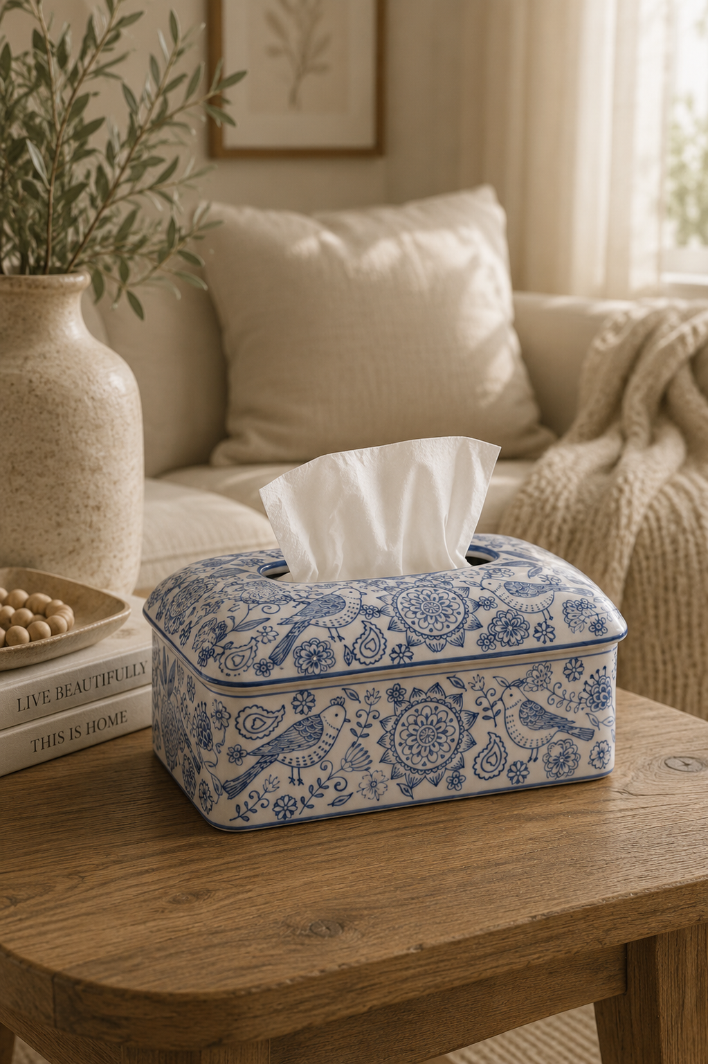 Blue & White Porcelain Chinoiserie Tissue Box