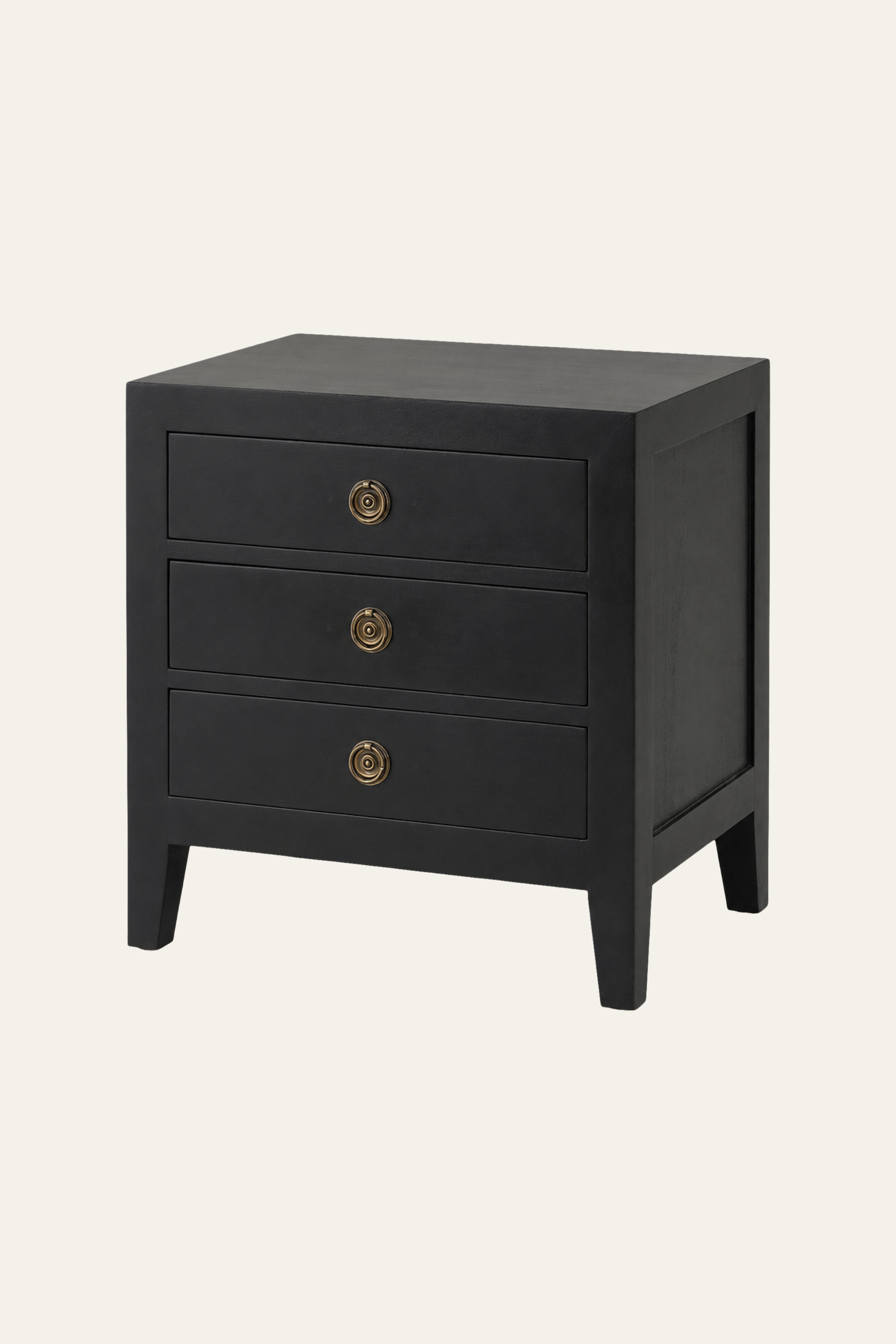 Black Three-Drawer Bedside Table with Tapered Legs