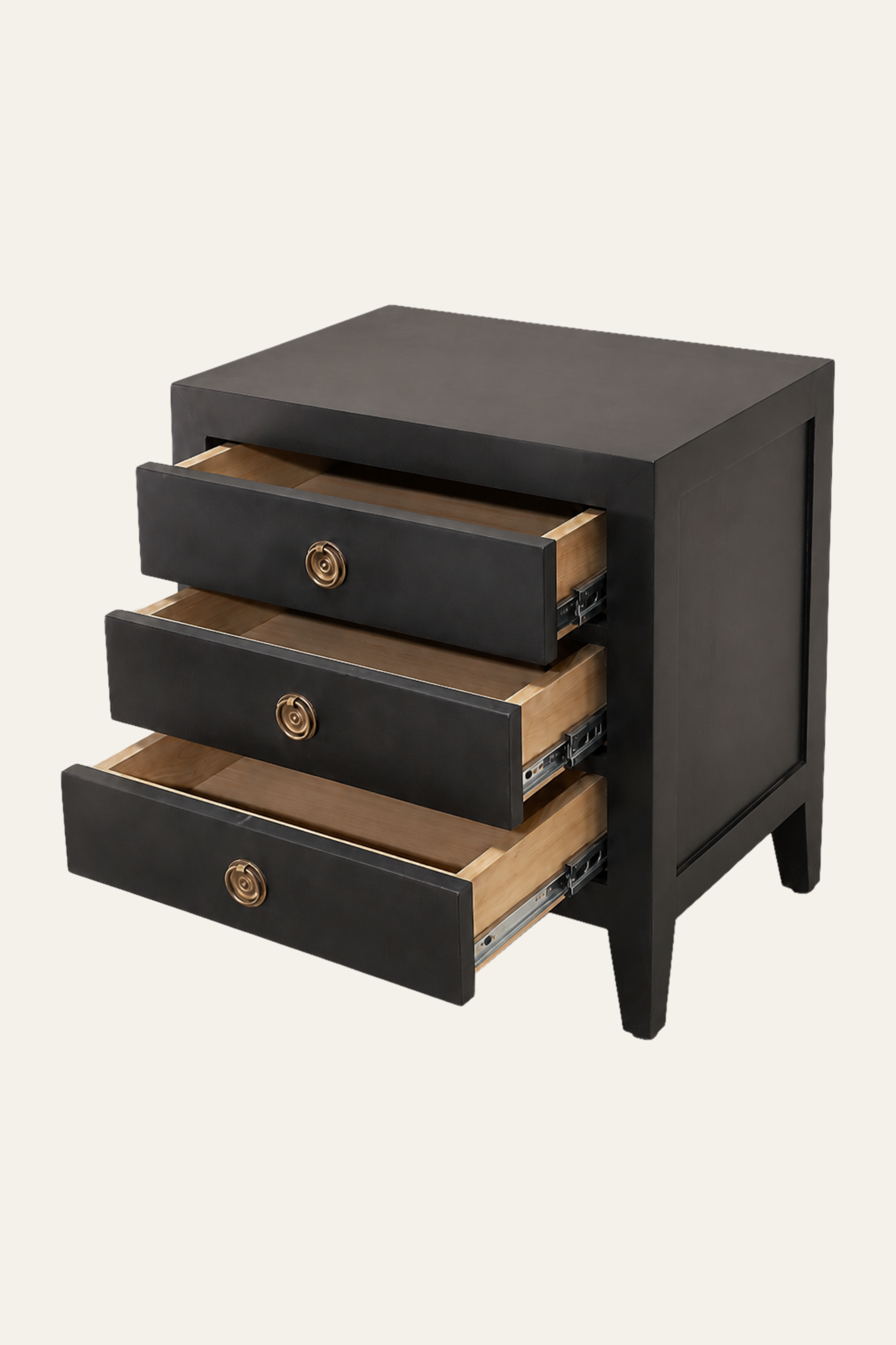 Black Three-Drawer Bedside Table with Tapered Legs