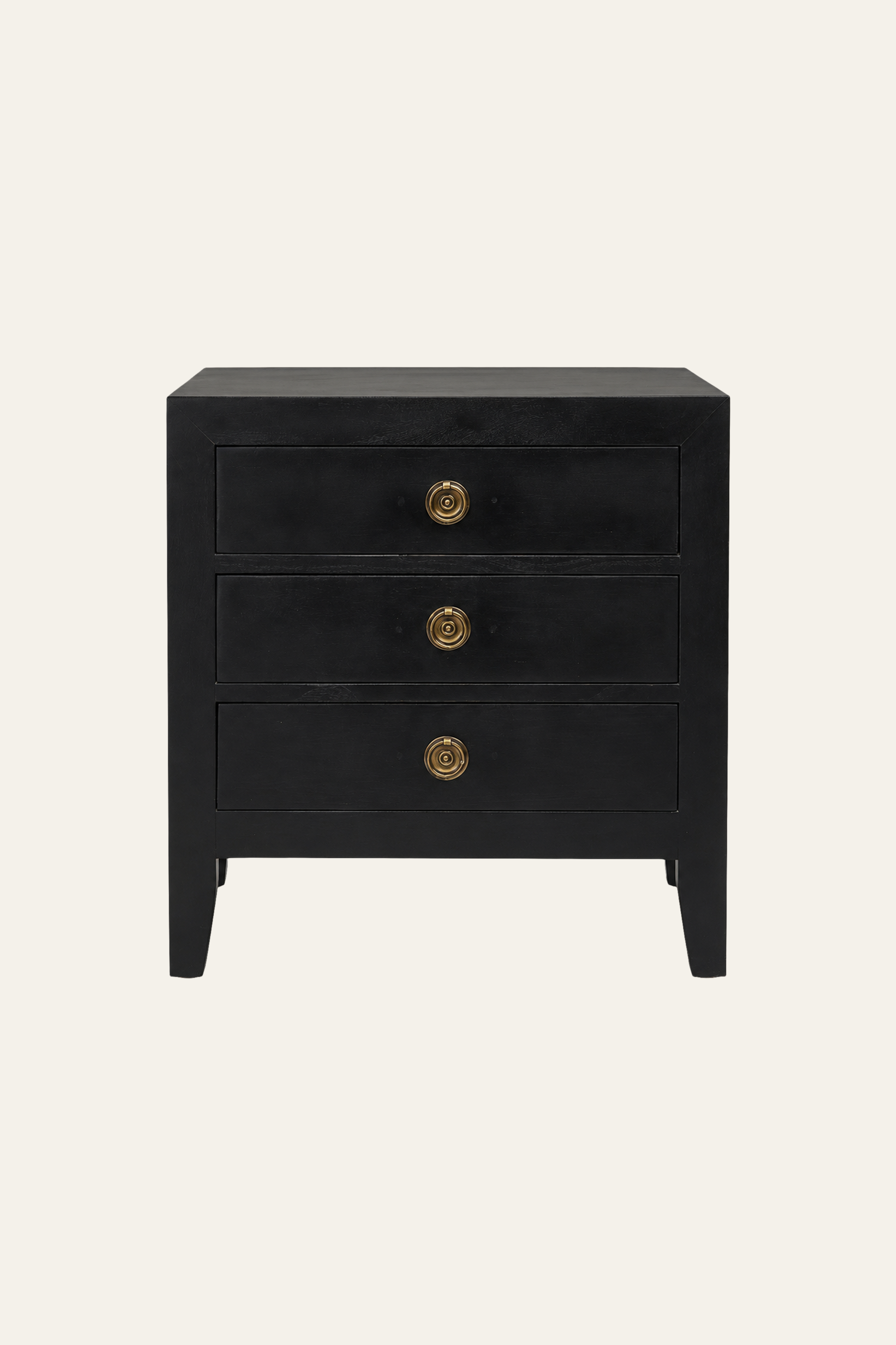 Black Three-Drawer Bedside Table with Tapered Legs