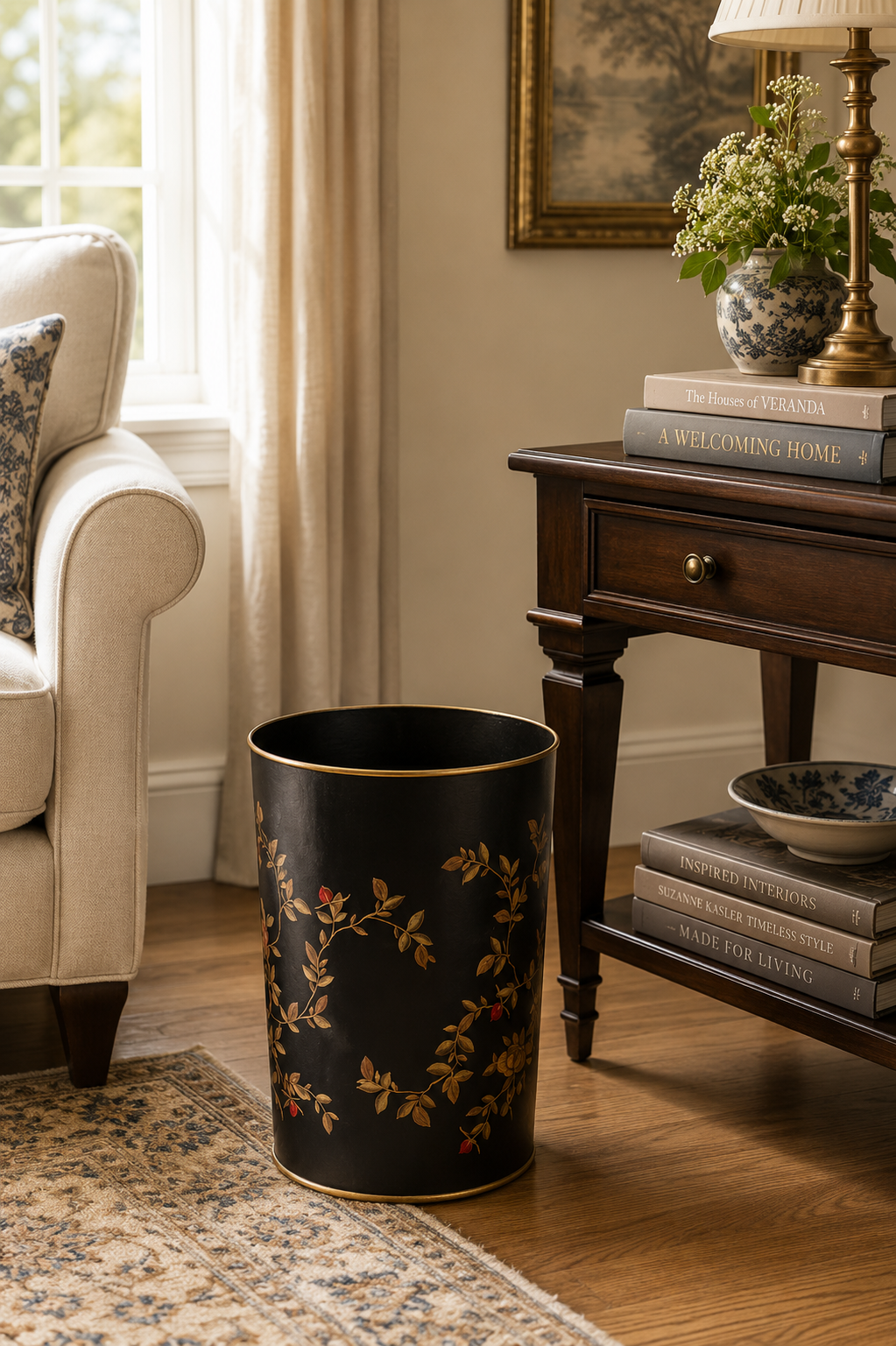 Bird and Floral Motif Hand Painted Metal Bin