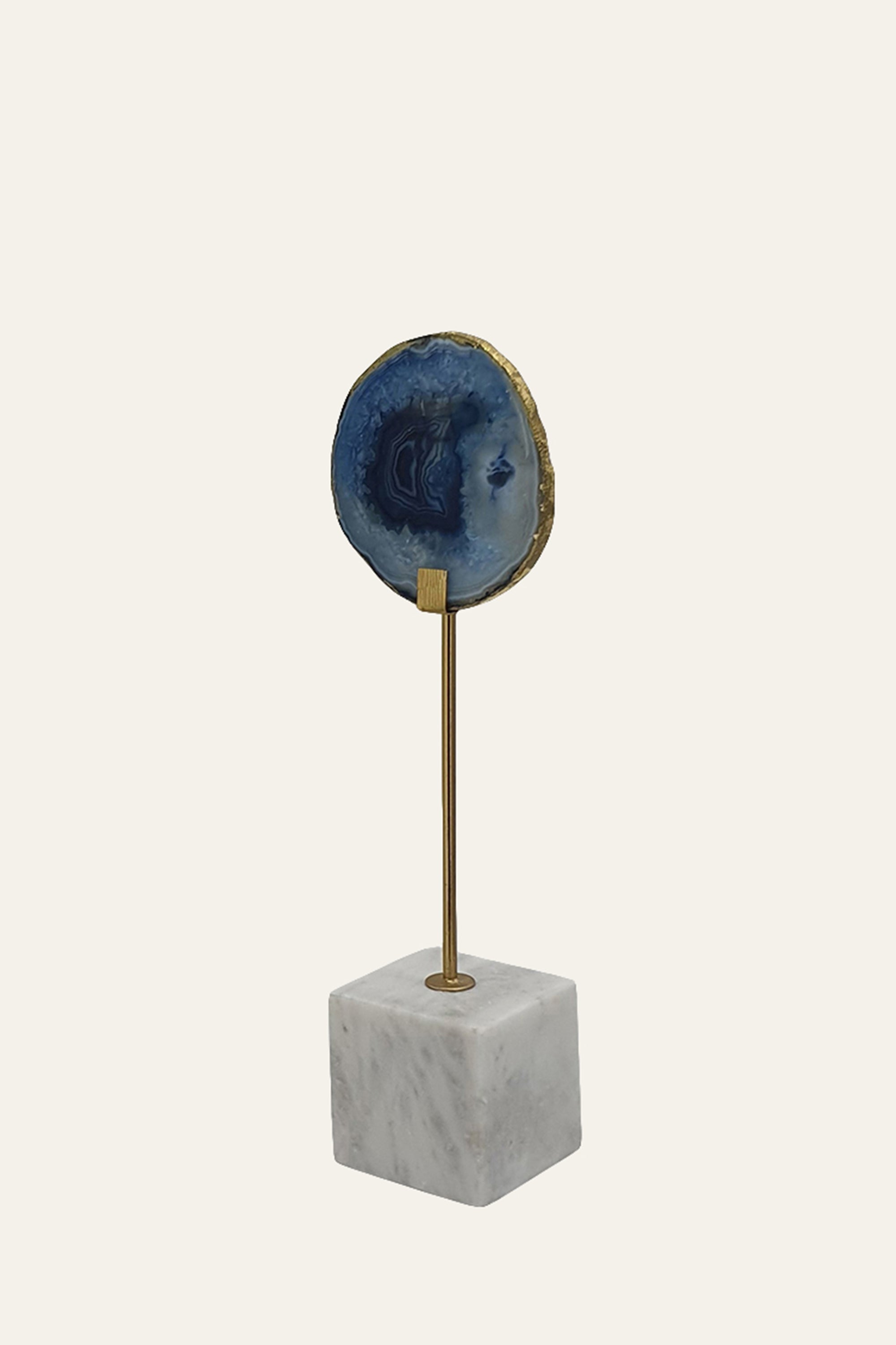 Blue Agate Slice Sculpture on Marble Base