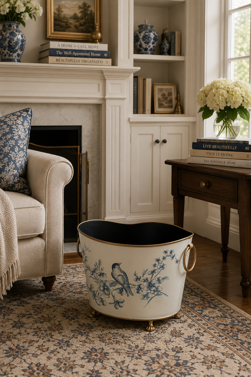 Blue Decorative Metal Waste Bin - Bird & Floral Design