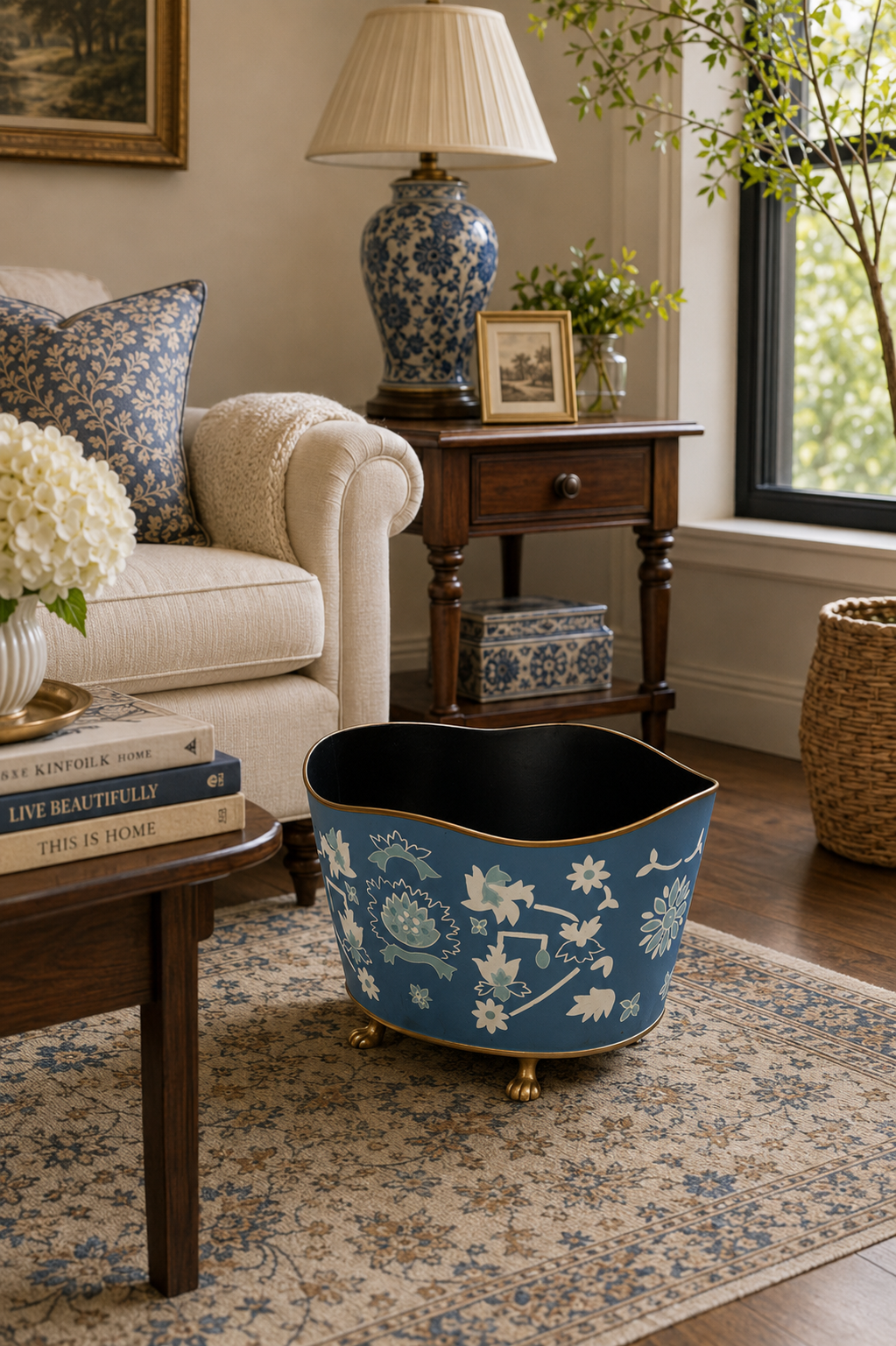 Blue Floral Decorative Metal Waste Bin & Planter With Feet