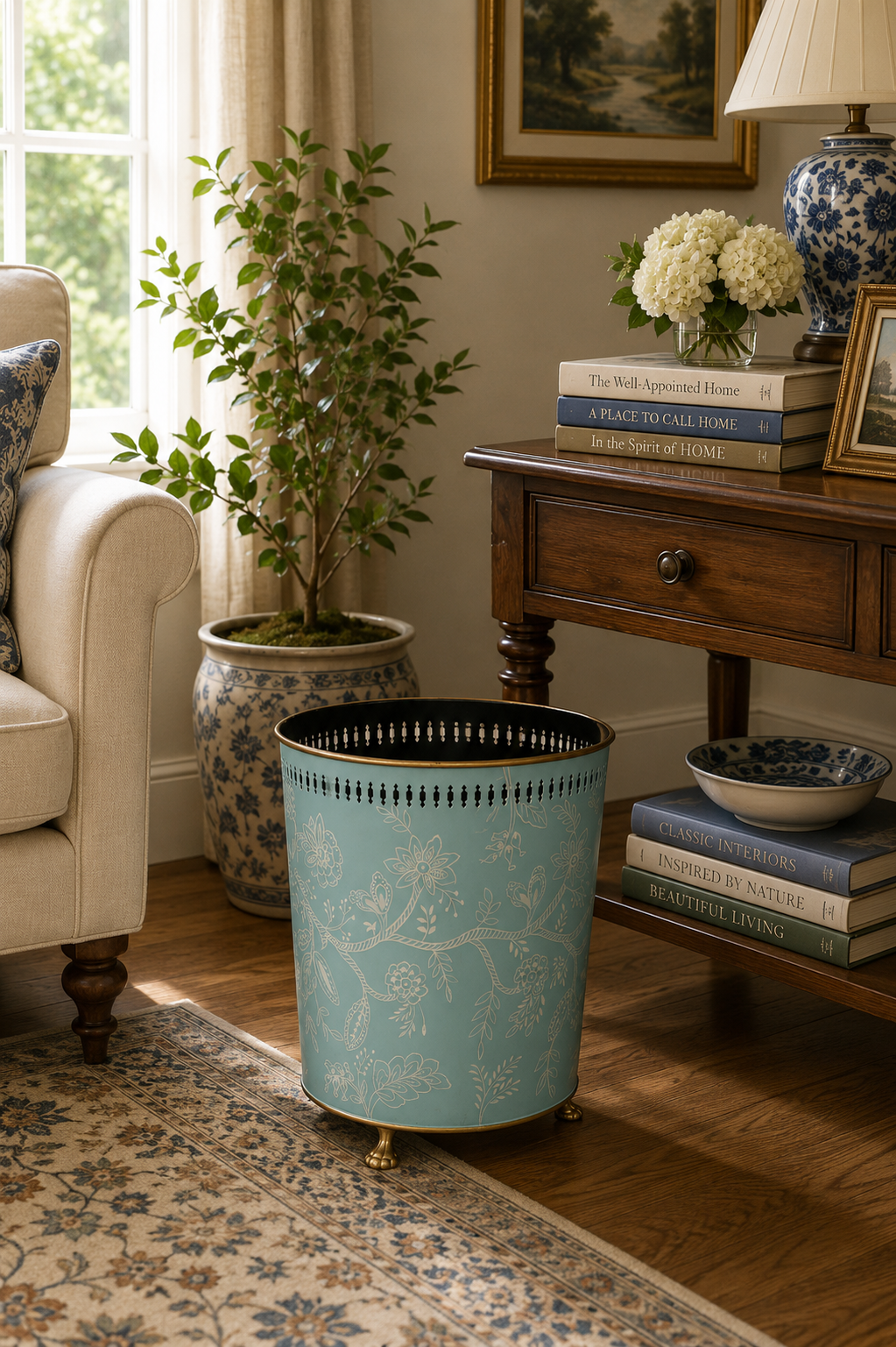 Blue Floral Metal Waste Bin & Planter