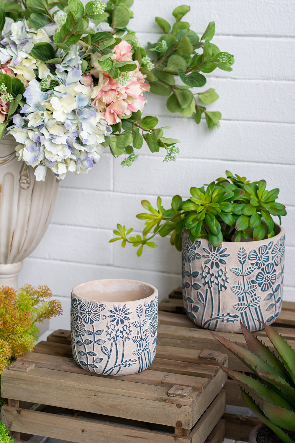 Botanical Pattern Blue Ceramic Planter