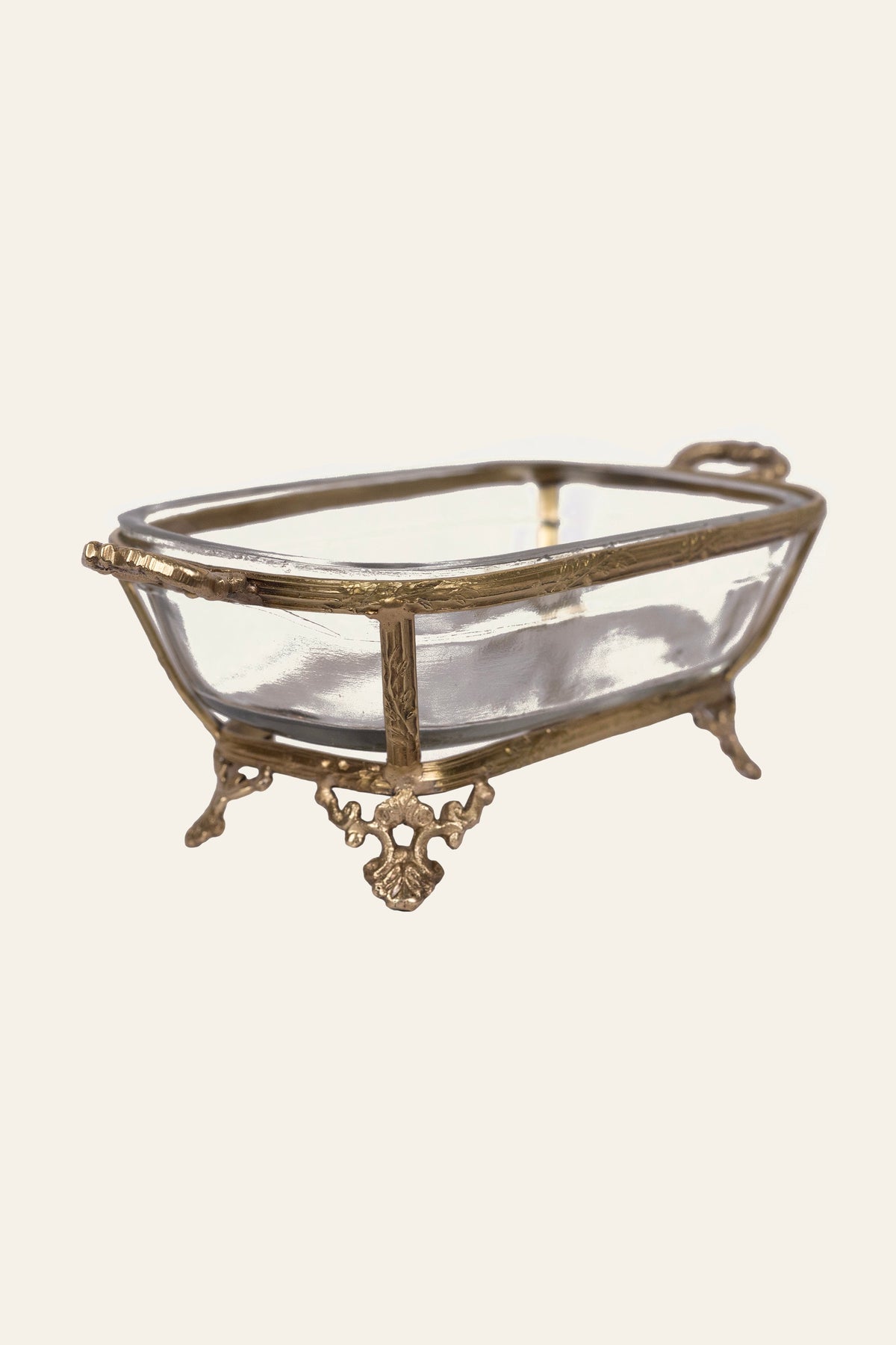 Brass glass decorative bowl with detailed brass frame