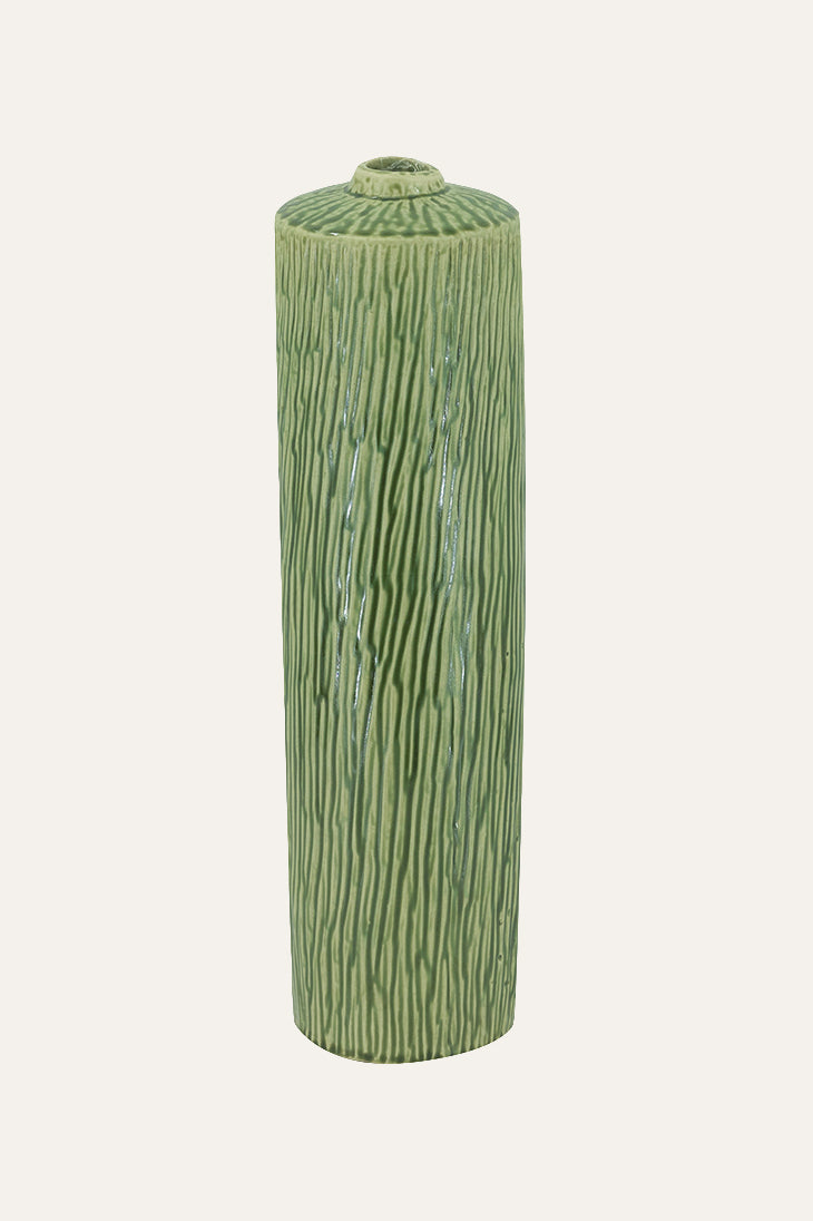 Tall Ribbed Green Vase Decorative Accent