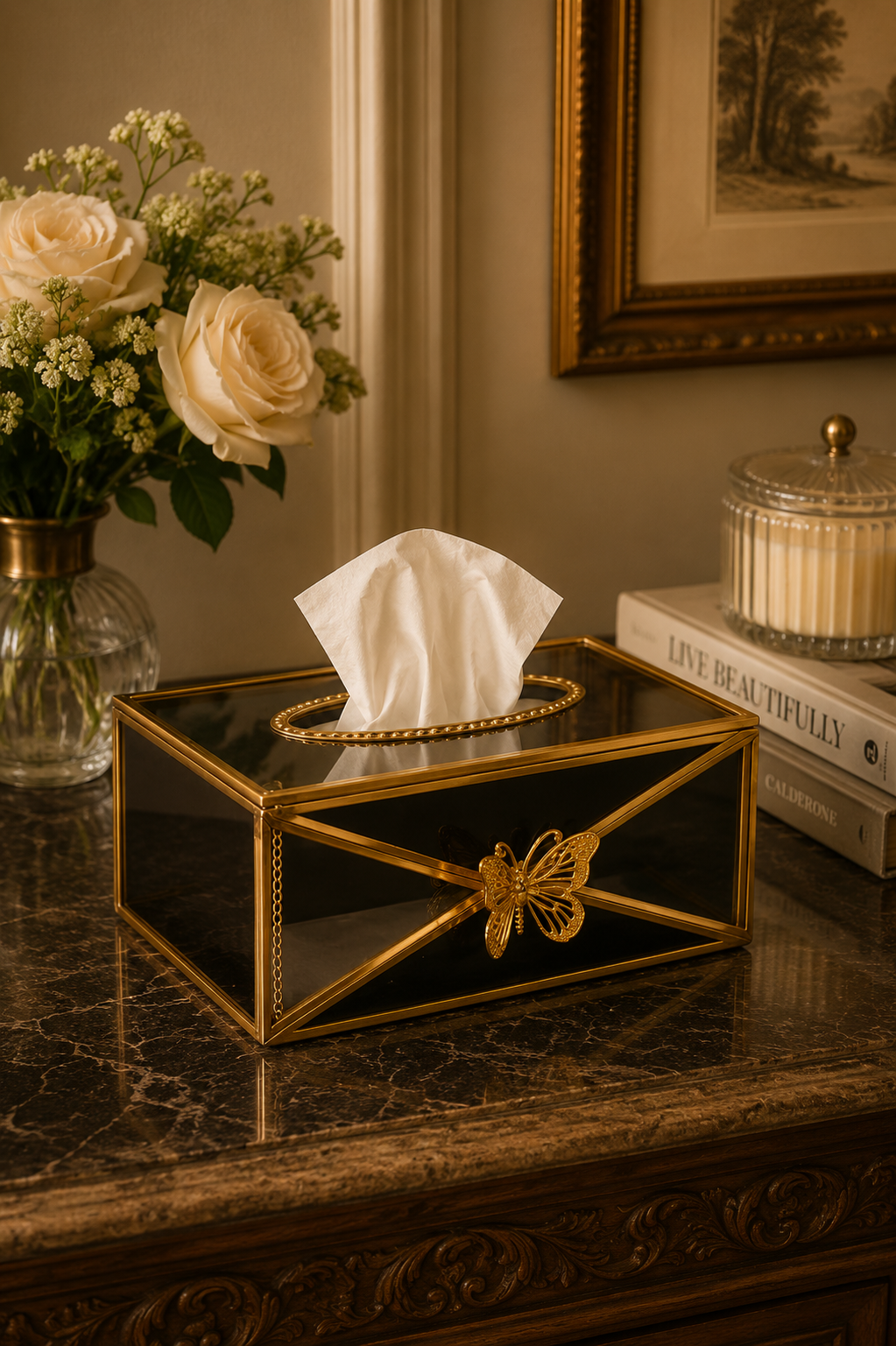 Glass & Metal Tissue Holder with Butterfly Accent
