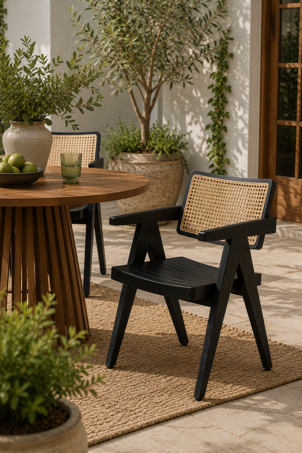 Teak Wood Outdoor Chair with Rattan Backrest for Garden and Patio