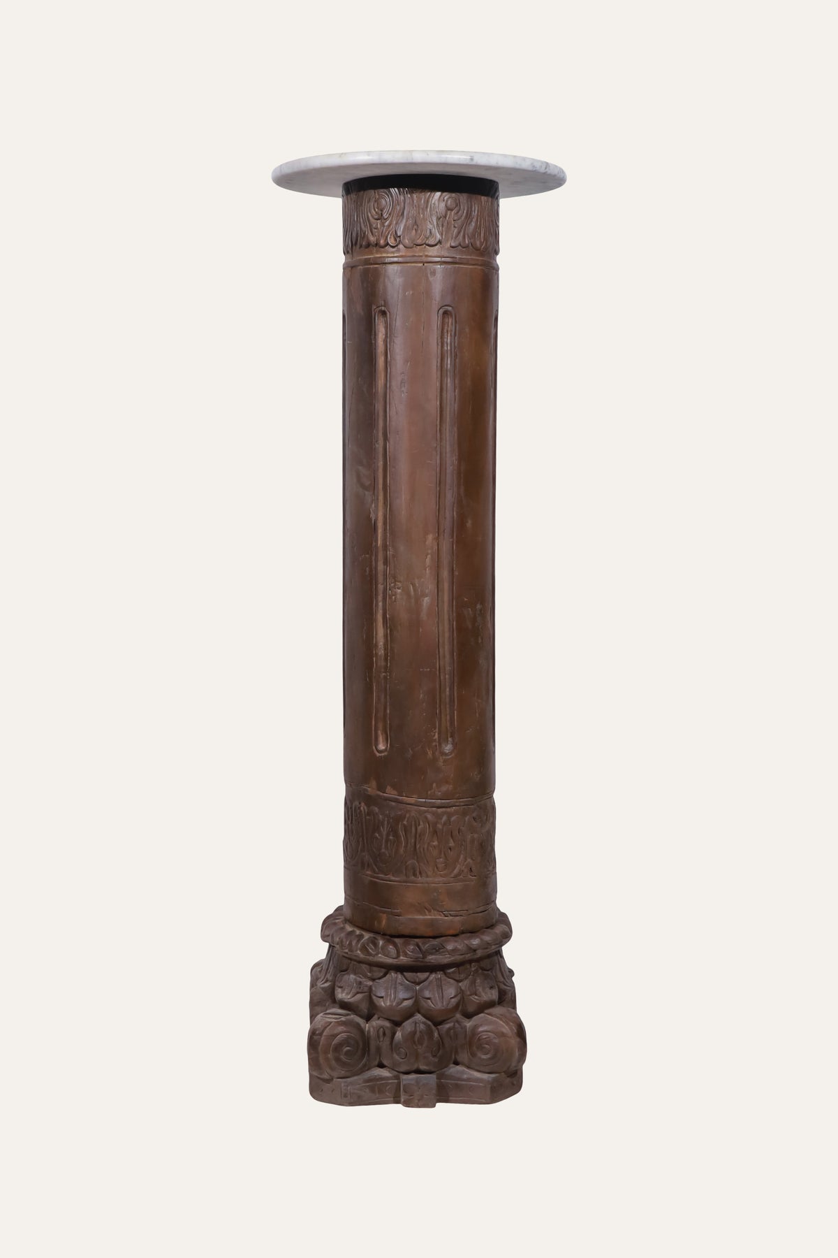 Carved wood display pedestal with marble top
