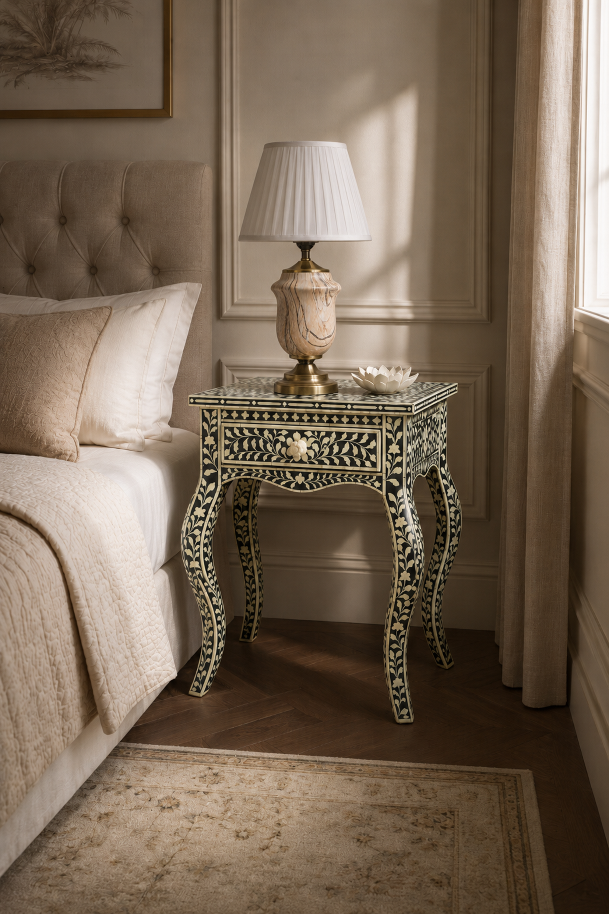 Bone Inlay Cabriole Leg Bedside Table