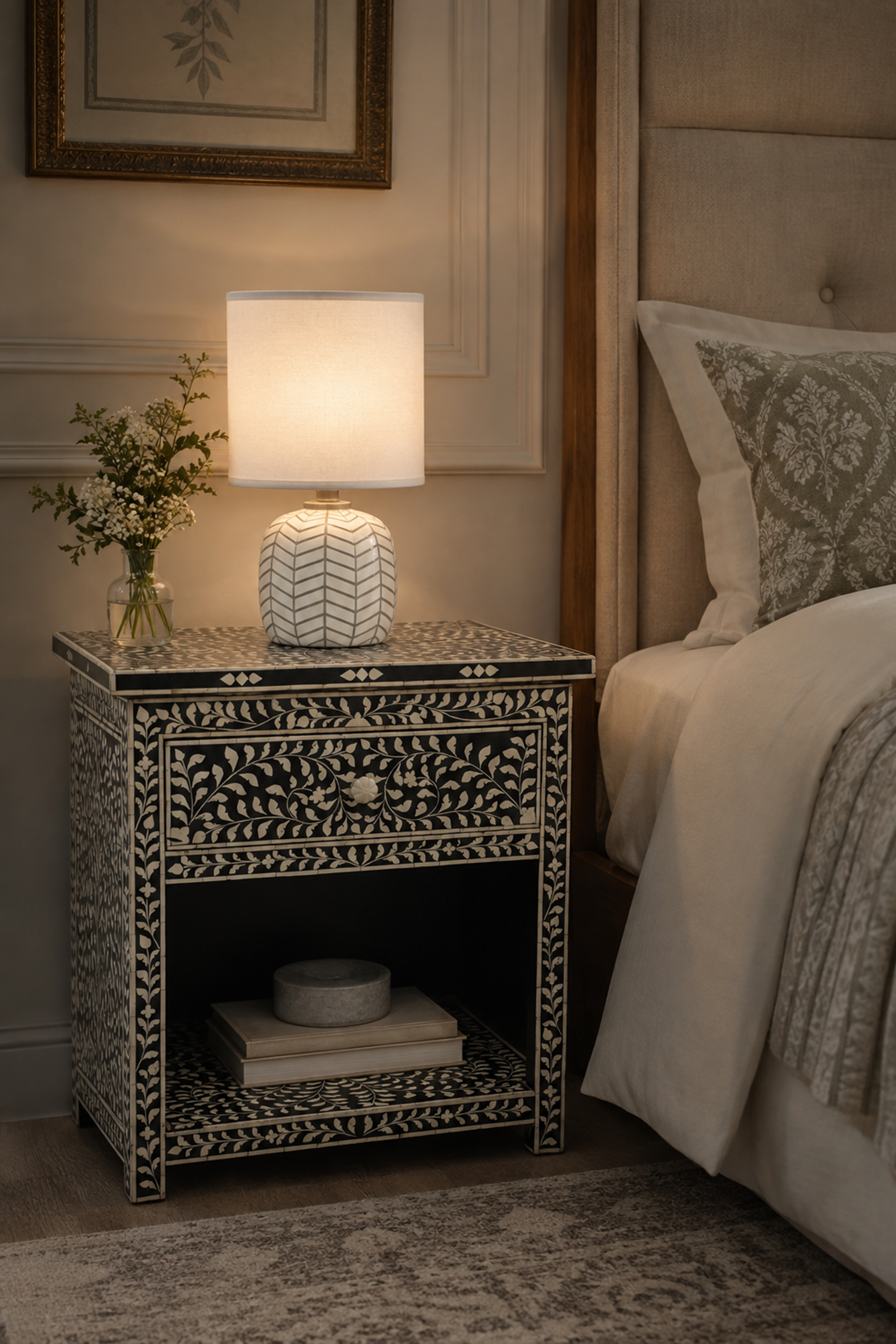 Black Bone Inlay Floral Bedside Table with Open Shelf