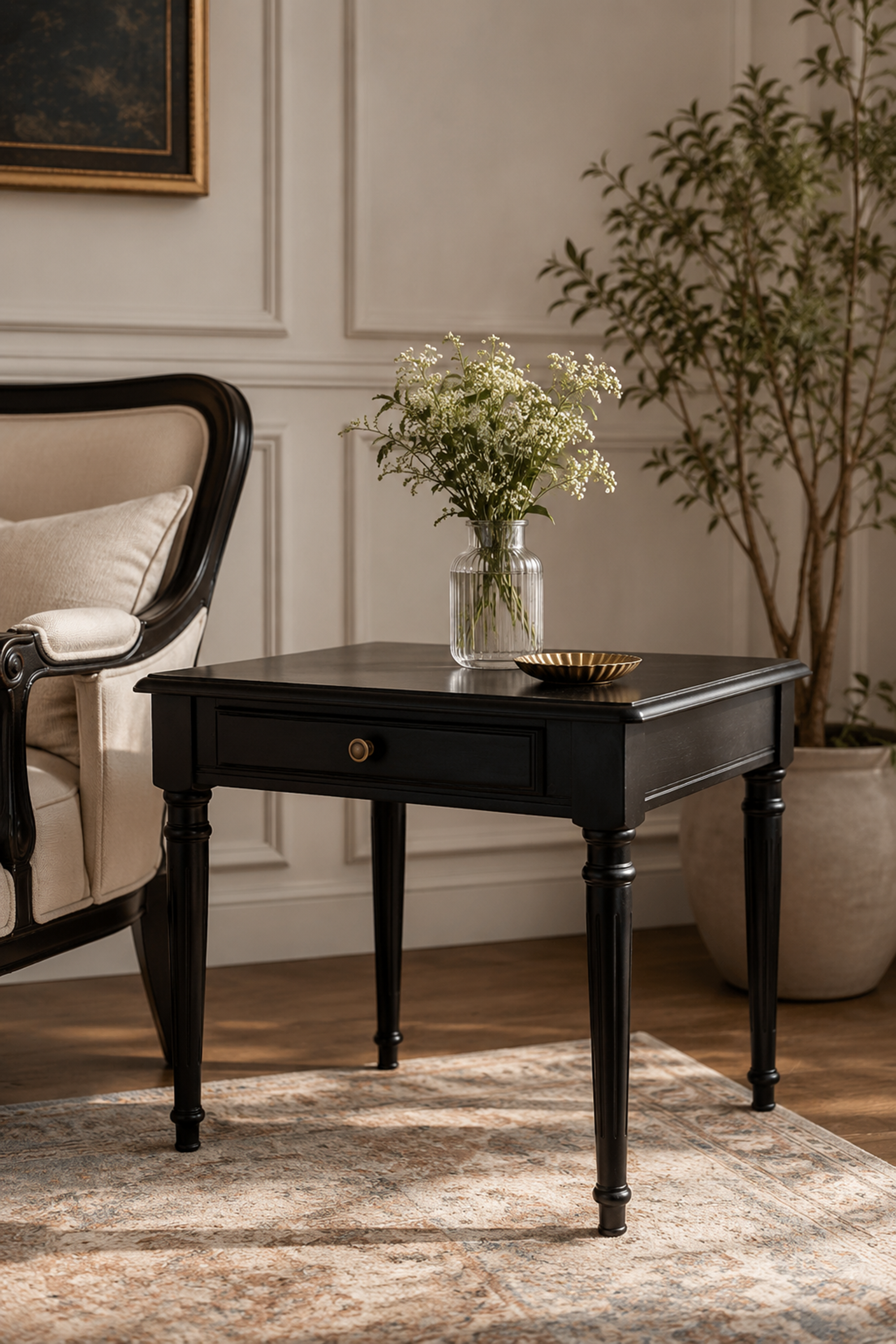 Black Wooden 1-Drawer Bedside Table with Turned Legs