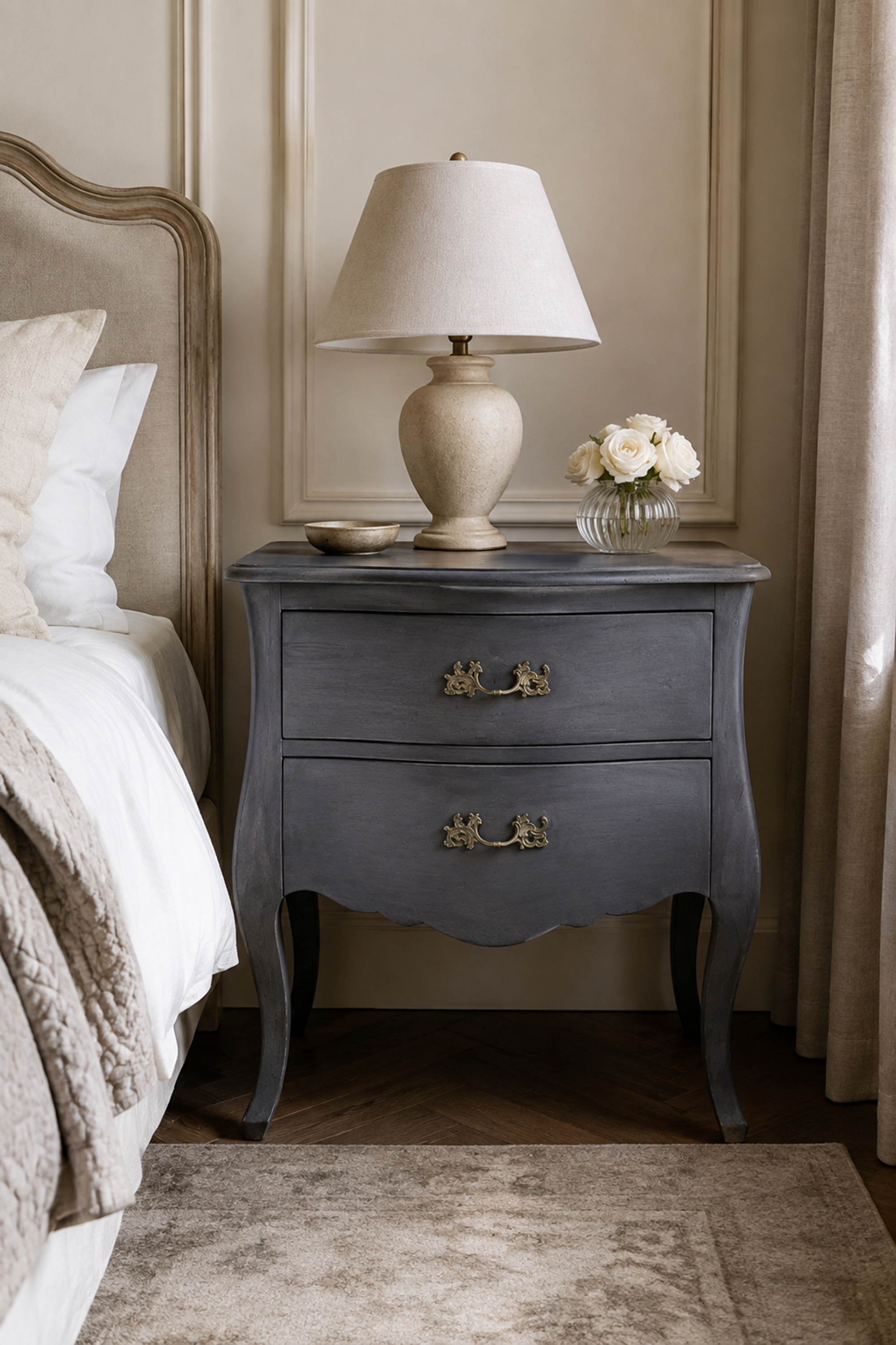 Grey French Provincial Bedside Table – 2-Drawer Accent Table