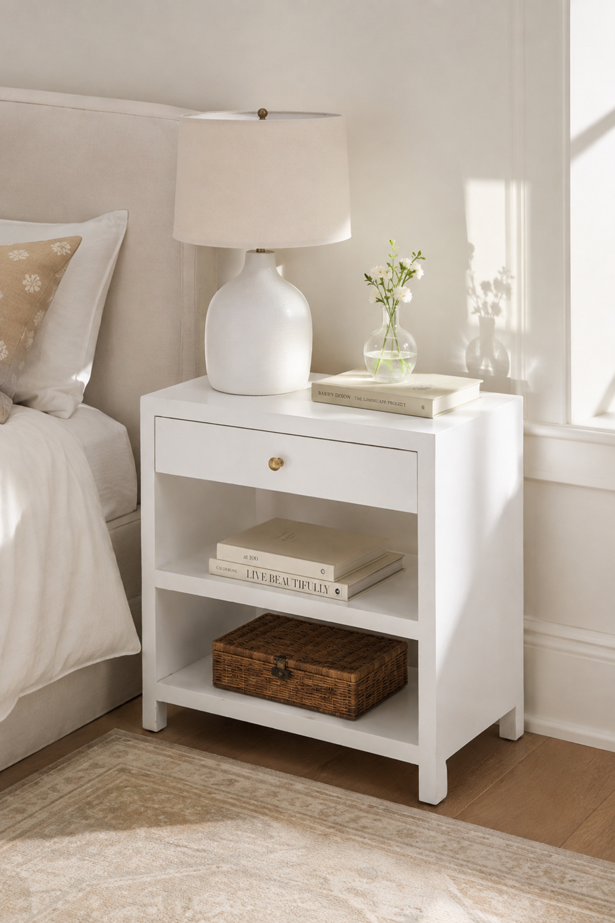 Modern White Open Shelf Bedside Table with Drawer