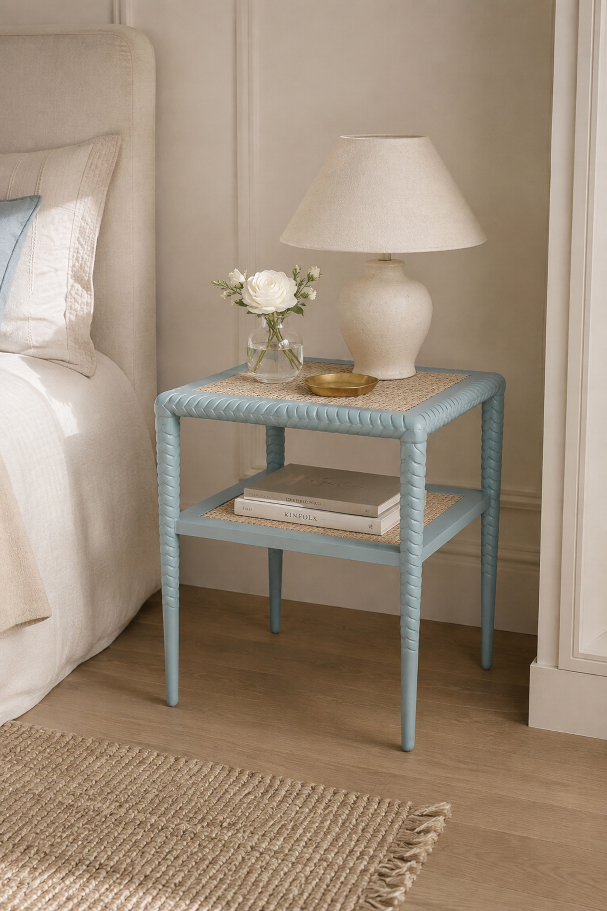 Coastal Blue 2 Tier Woven Cane Nightstand in Wood Frame