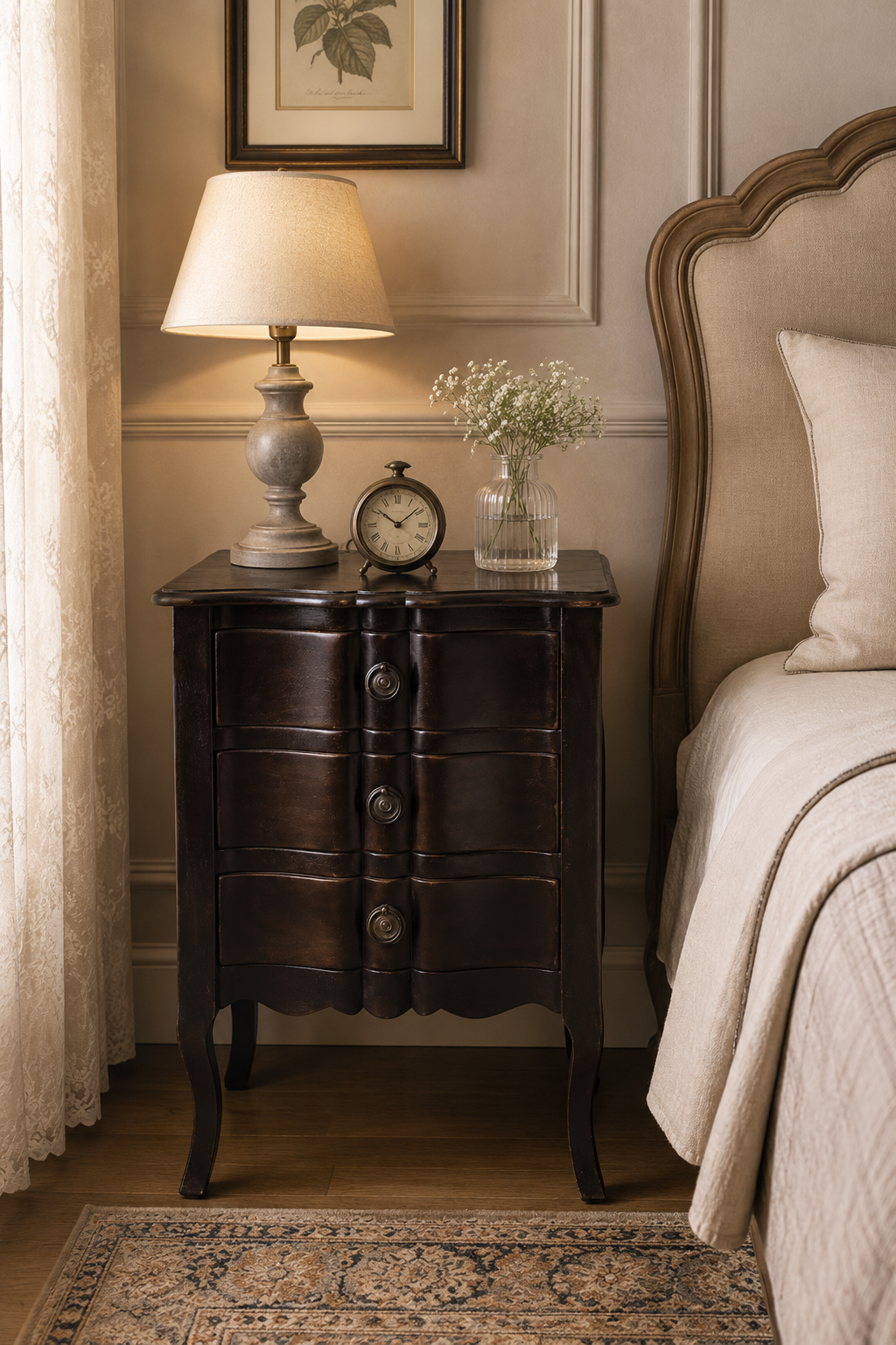 Espresso 3-Drawer Bow-Front Bedside Table with Cabriole Legs