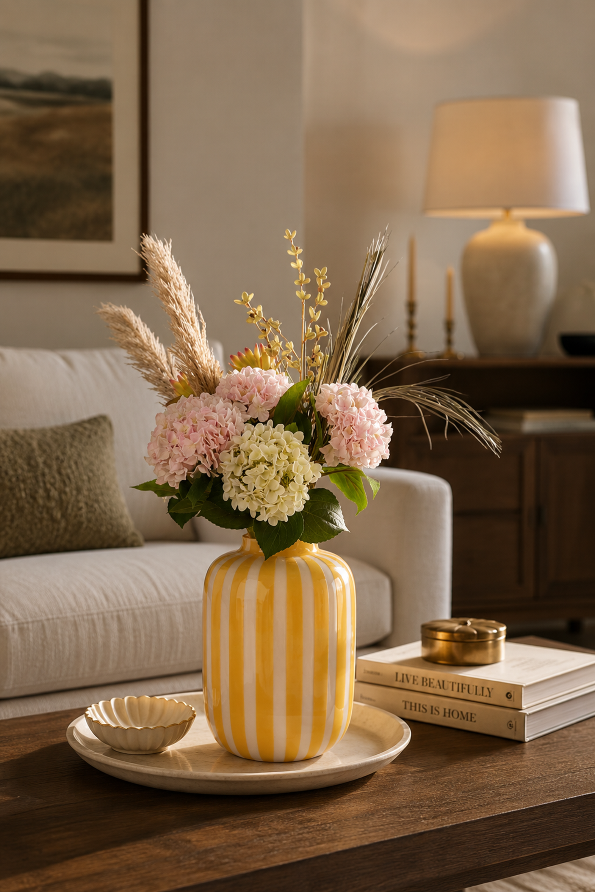 Yellow & White Striped Glass Vase for Living Room
