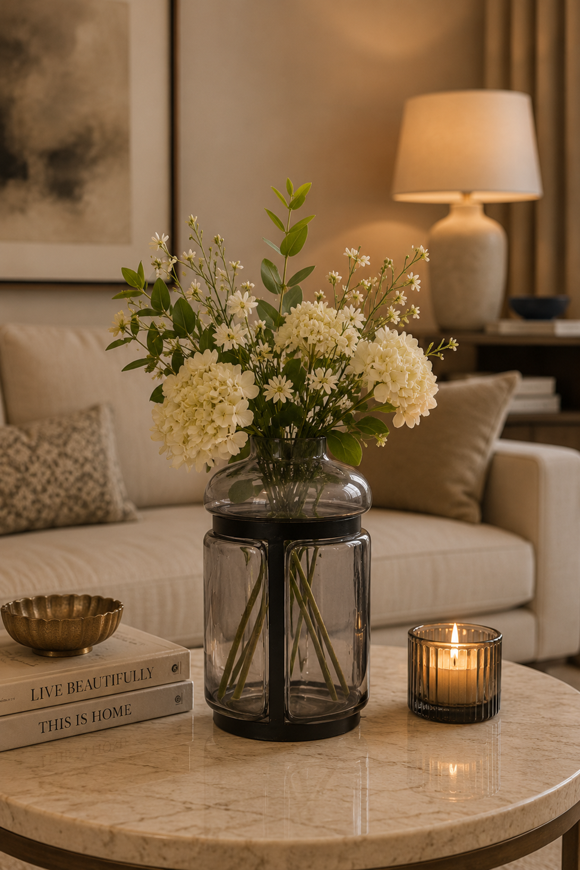 Smoked Glass Bottle Vase in Metal Cage - Wide