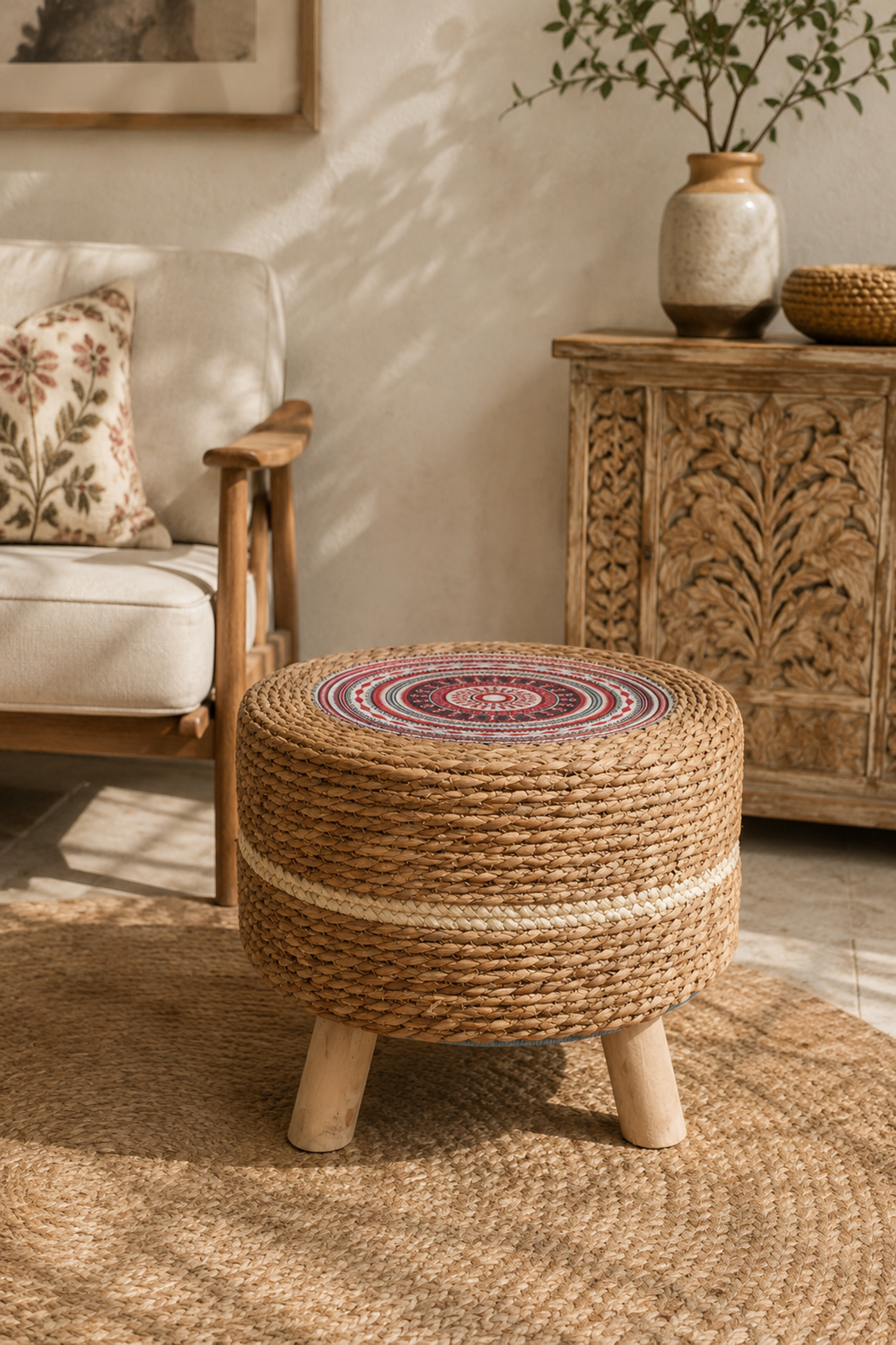Handwoven Natural Fibre Round Accent Stool in Wood
