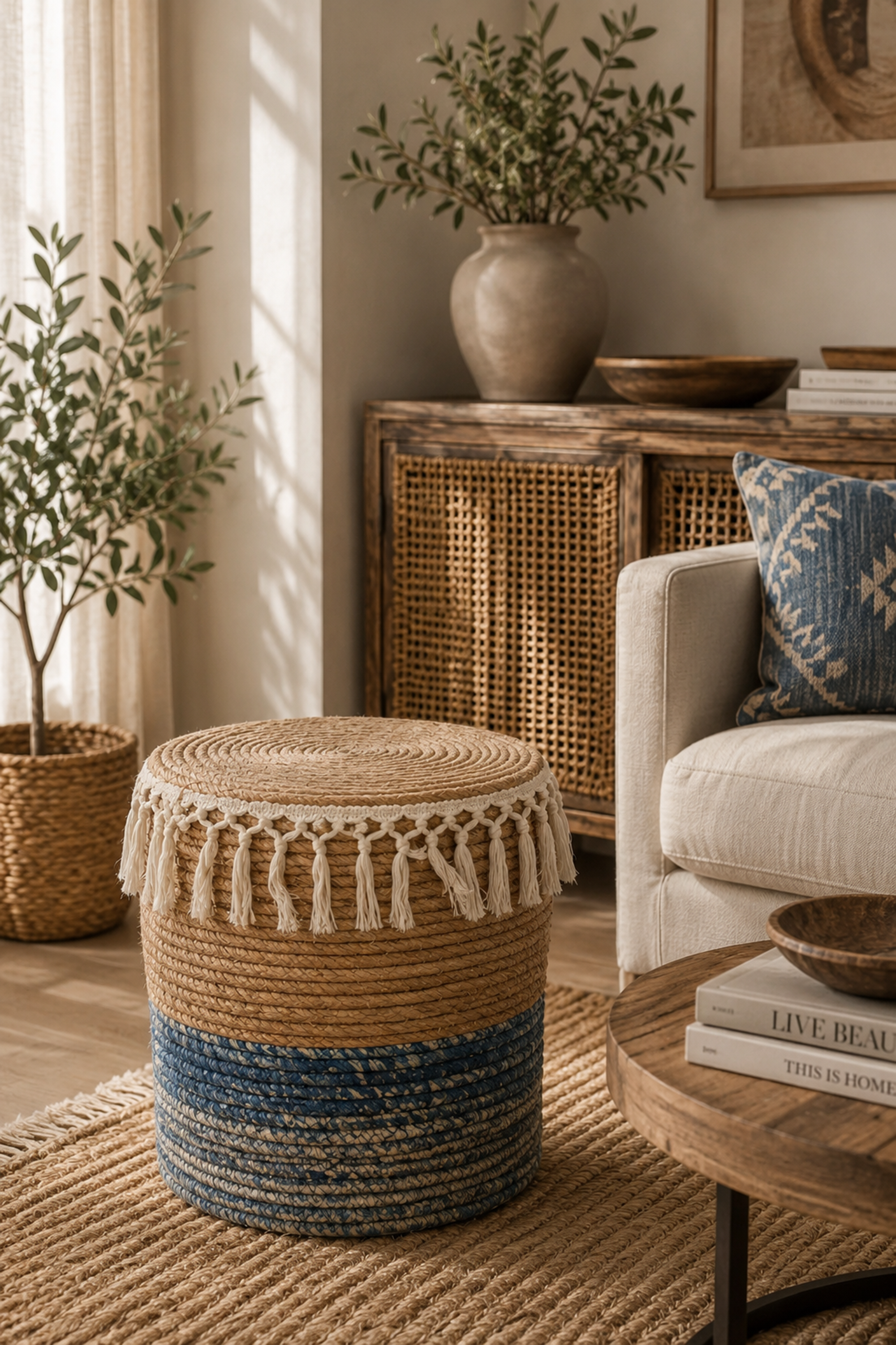 Dual Toned Natural Fibre Tassel Pouf in Wood