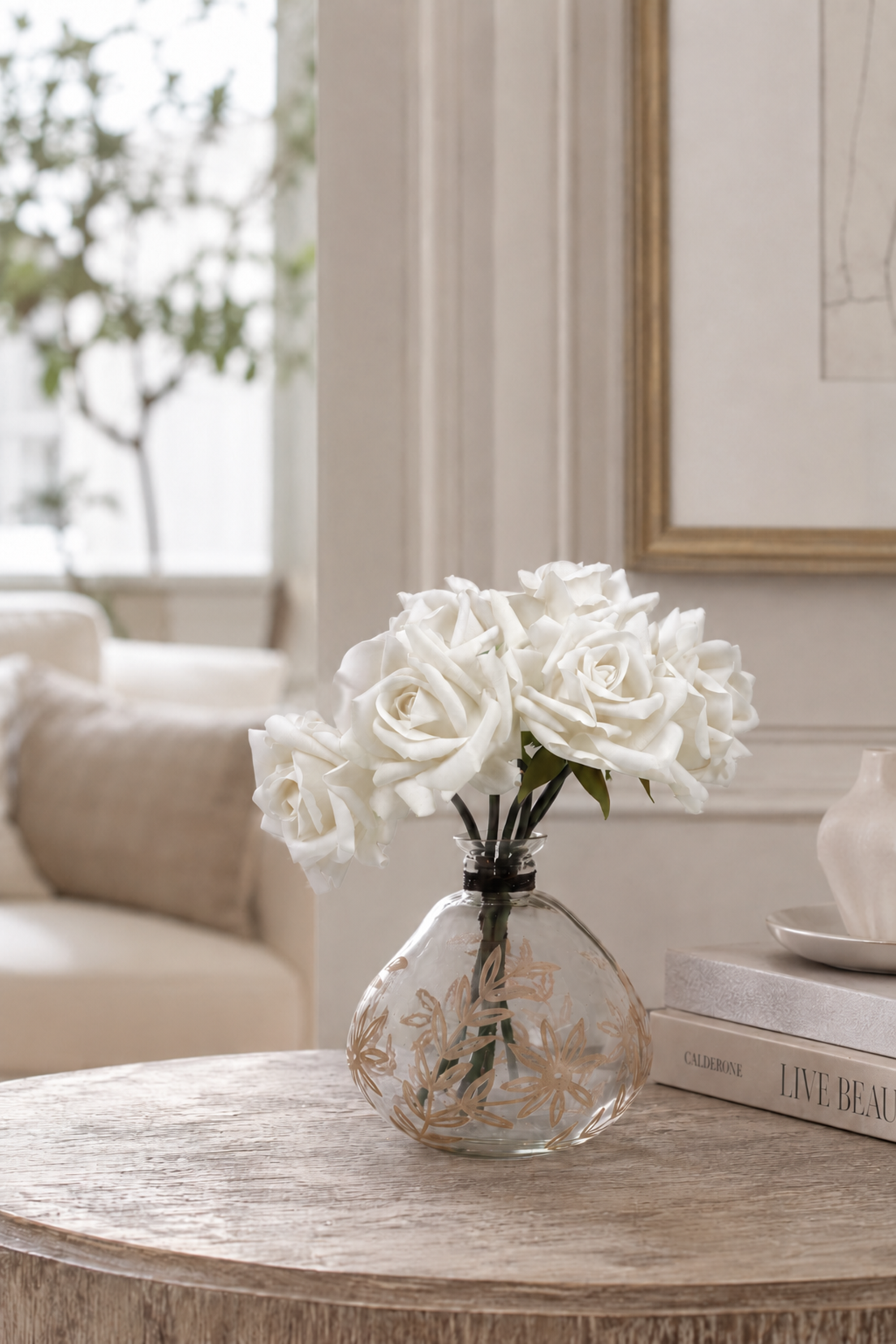 Round Botanical Etched Glass Bud Vase
