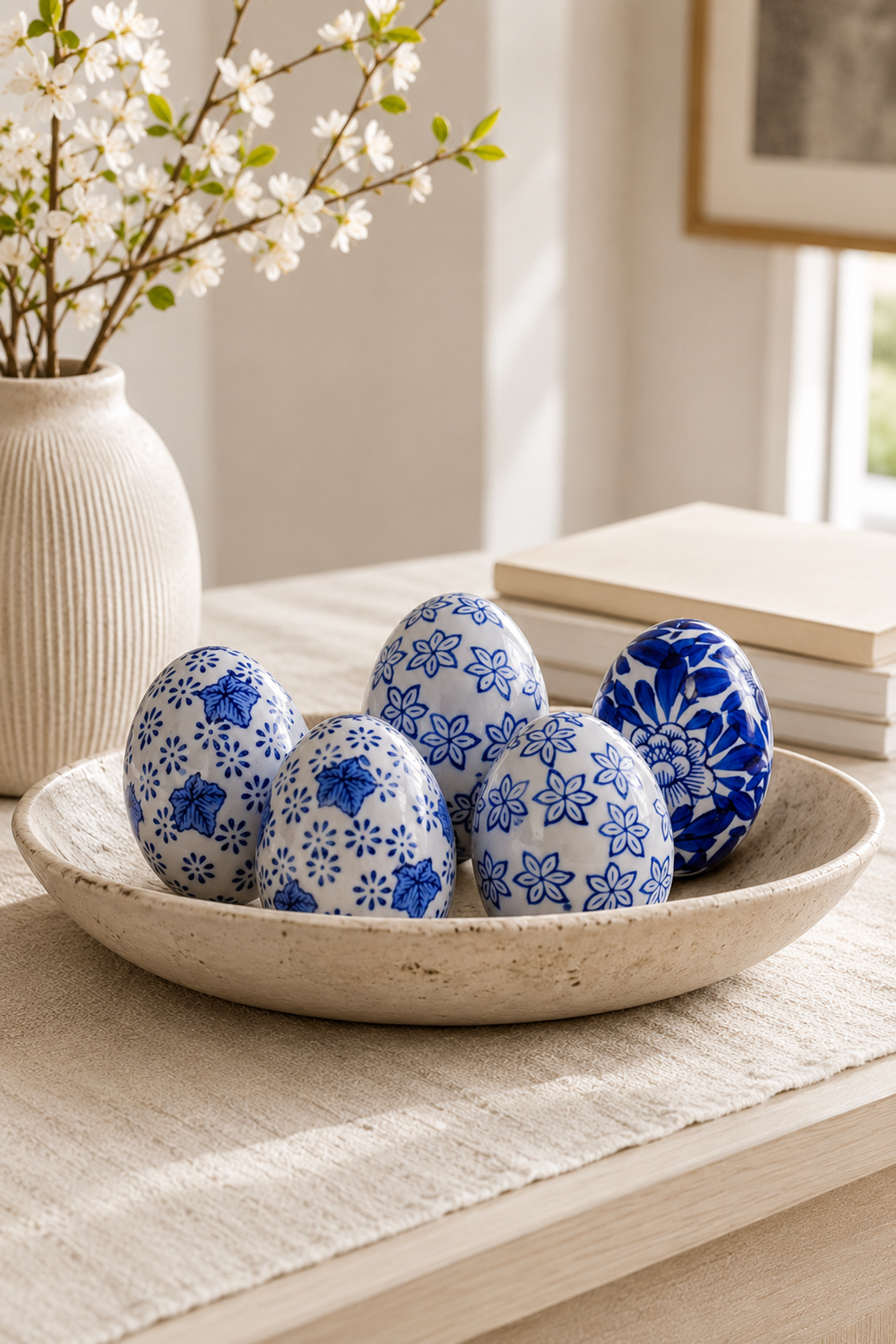 Blue & White Floral Ceramic Decor – Set of 6